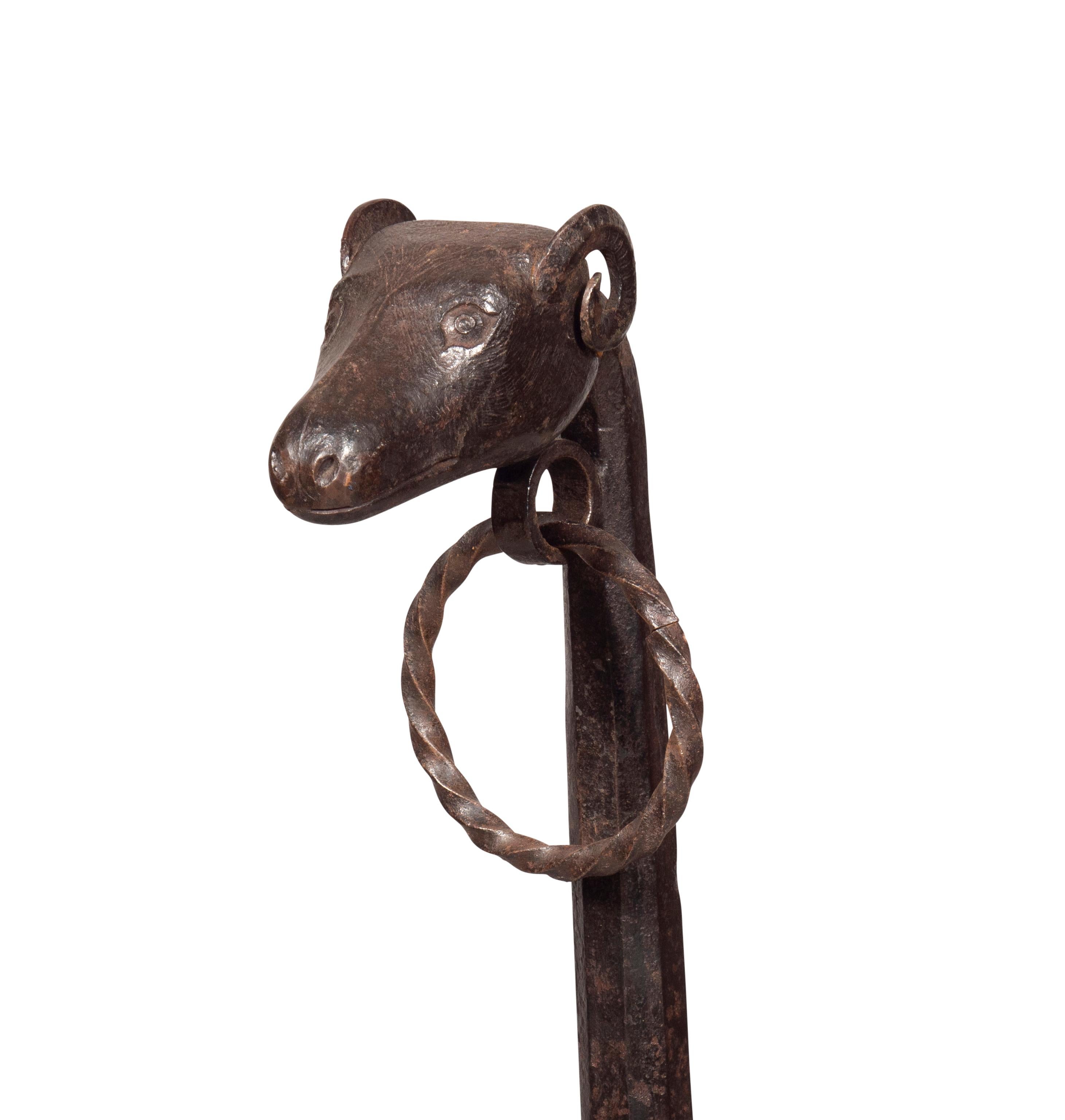 Pair of Wrought Iron Dog Head Andirons For Sale 1
