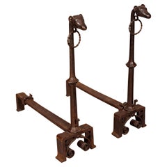 Pair of Wrought Iron Dog Head Andirons