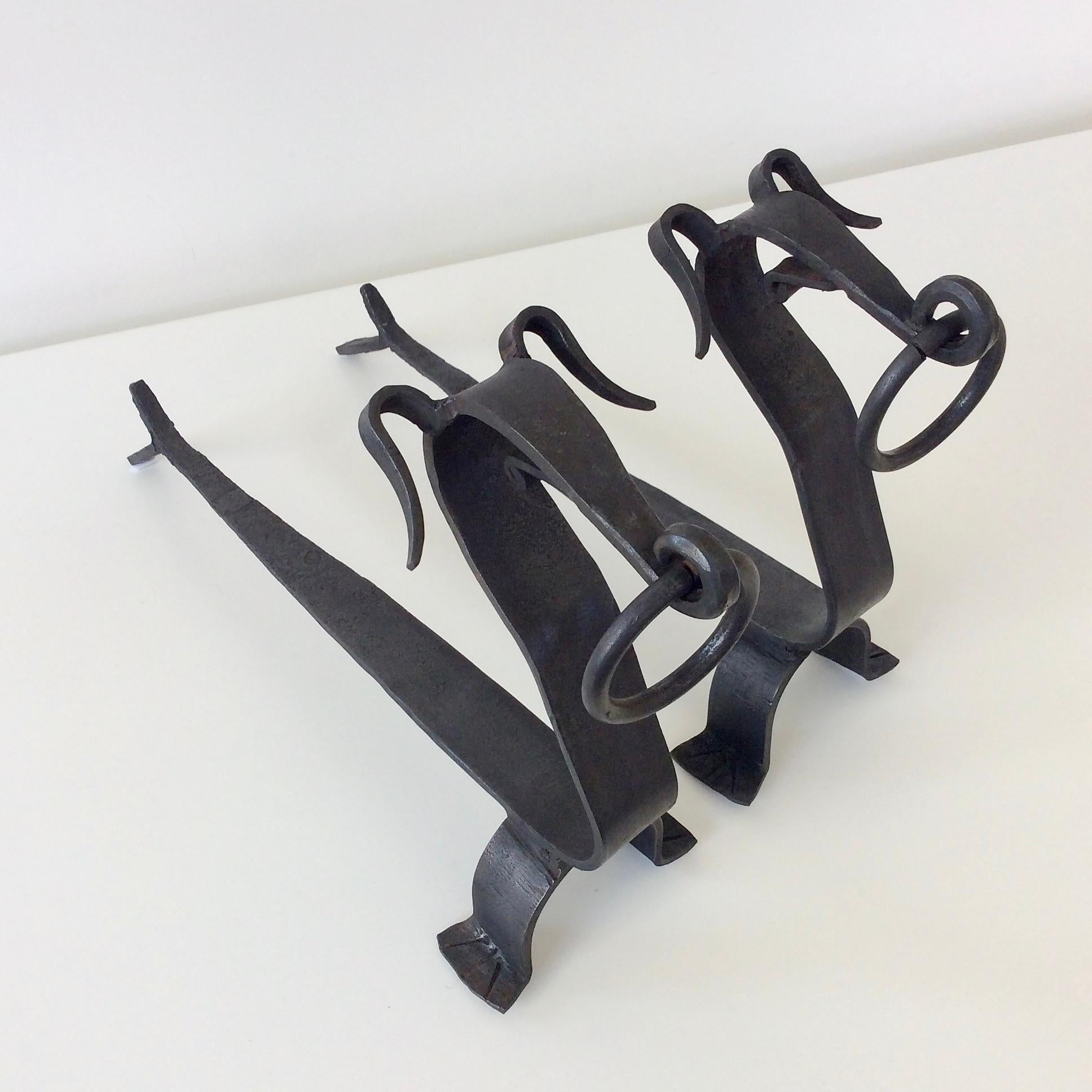 Pair of Wrought Iron Dogs Andirons, circa 1960, France 5