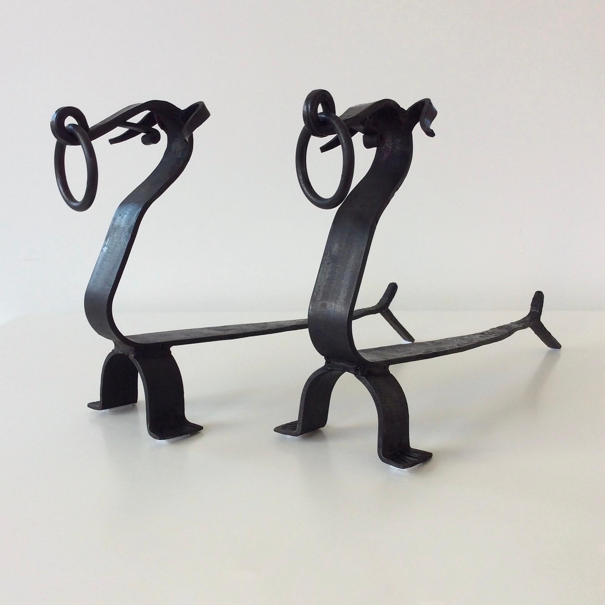 Pair of Wrought Iron Dogs Andirons, circa 1960, France 9