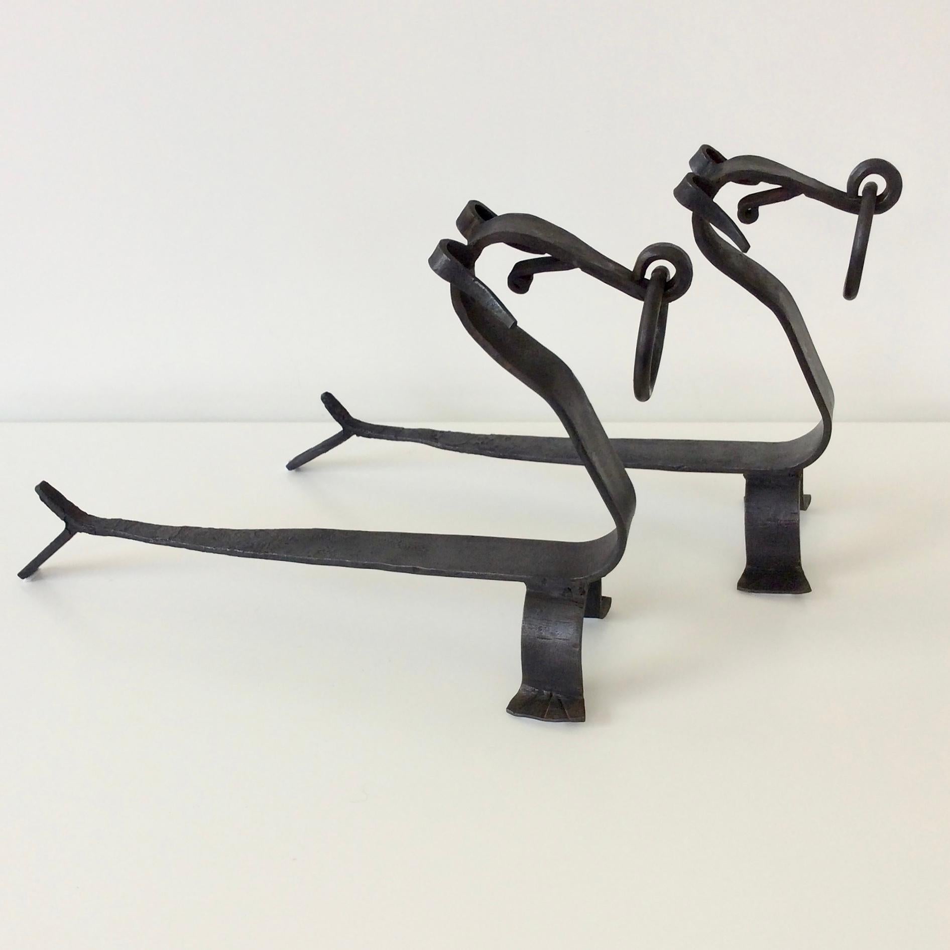 Mid-Century Modern Pair of Wrought Iron Dogs Andirons, circa 1960, France