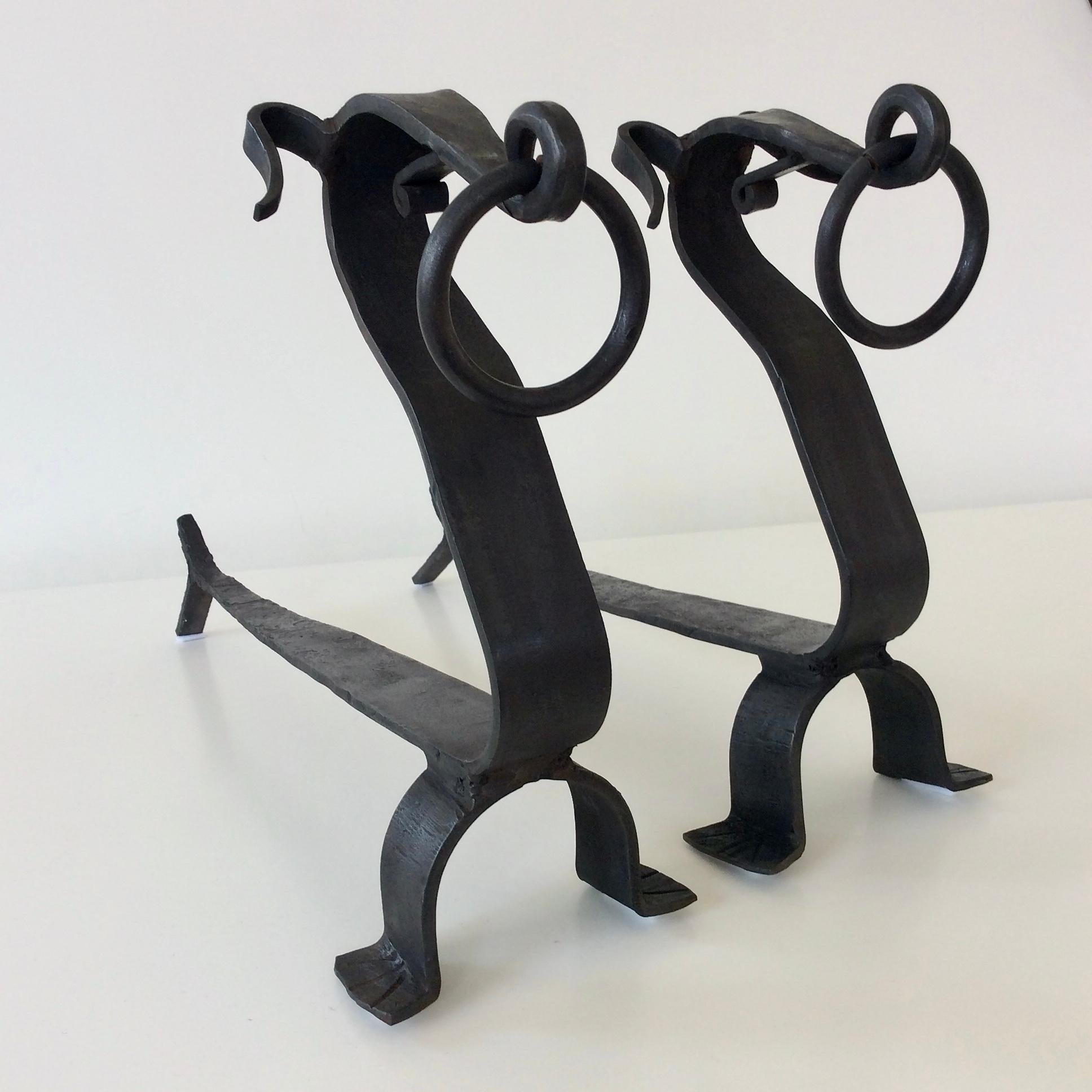 Pair of Wrought Iron Dogs Andirons, circa 1960, France 2