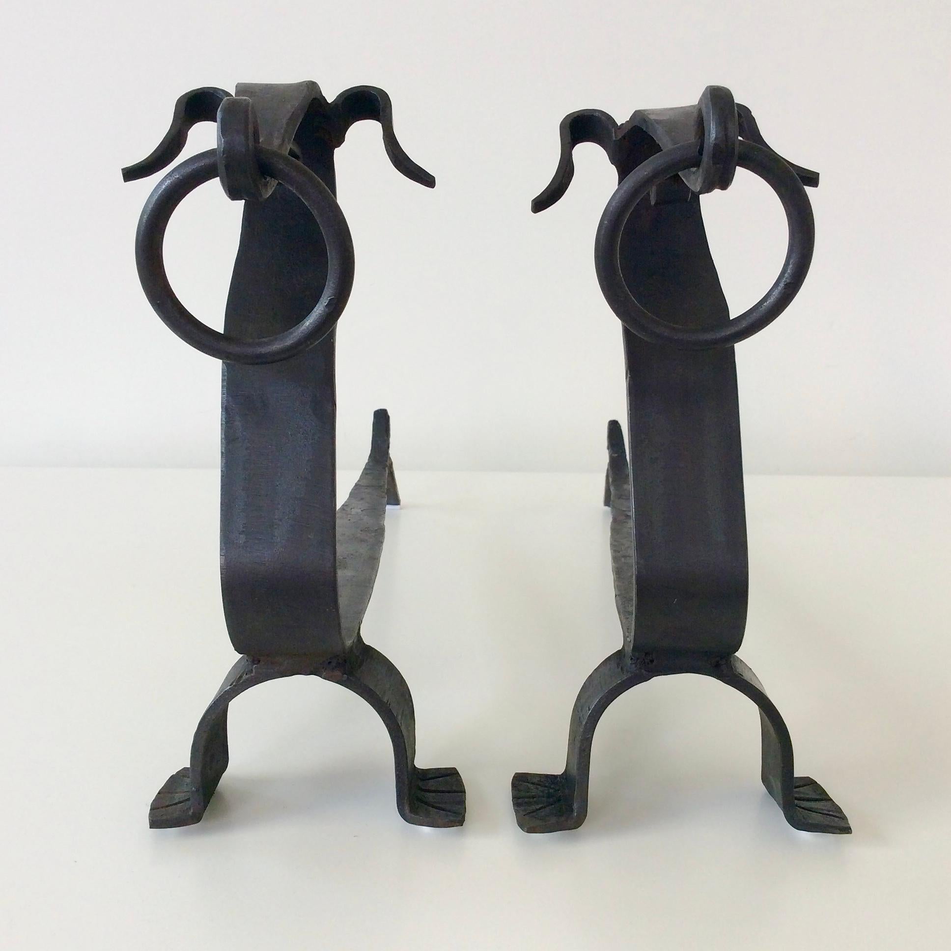 Pair of Wrought Iron Dogs Andirons, circa 1960, France 3