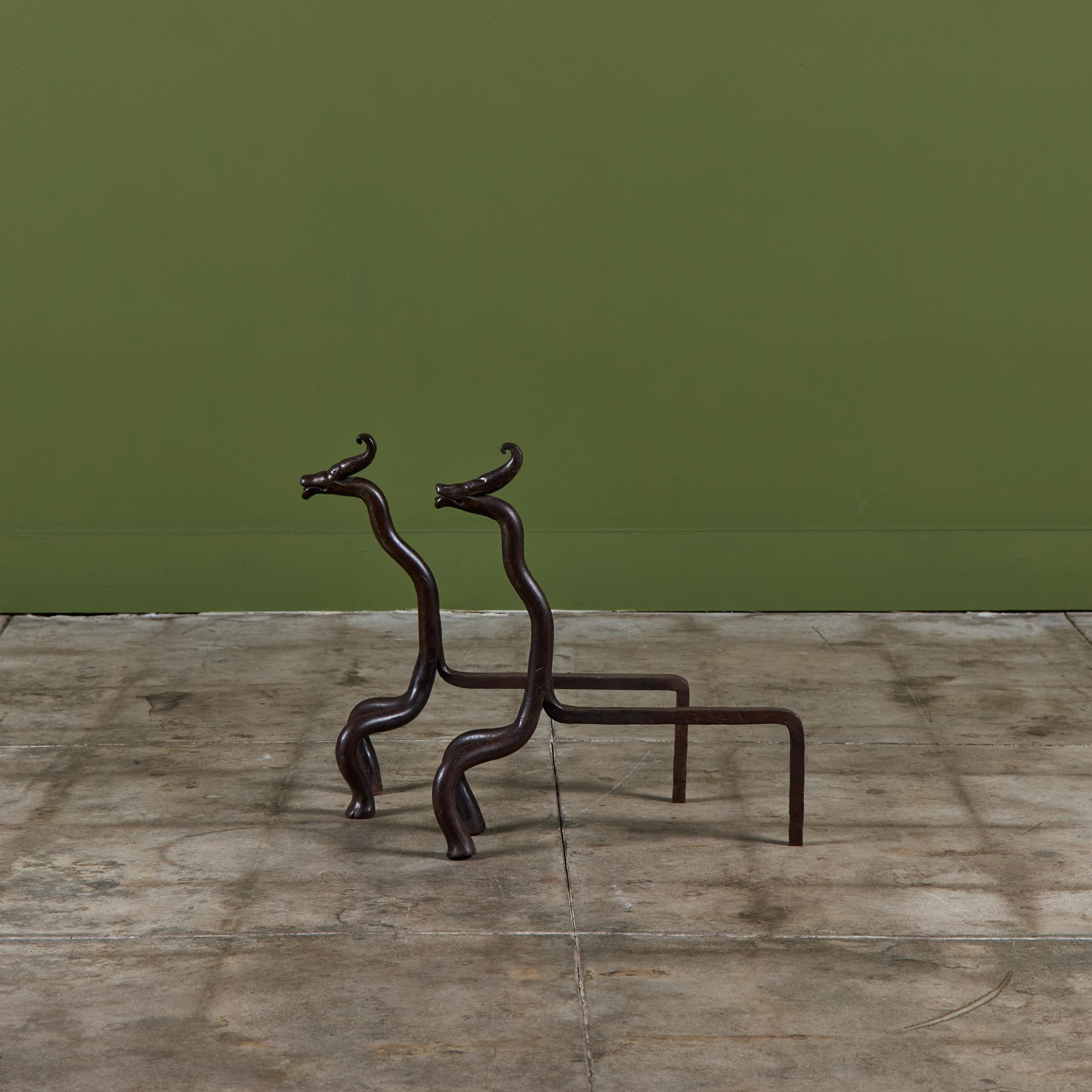 Pair of Wrought Iron Dragon Andirons For Sale 4