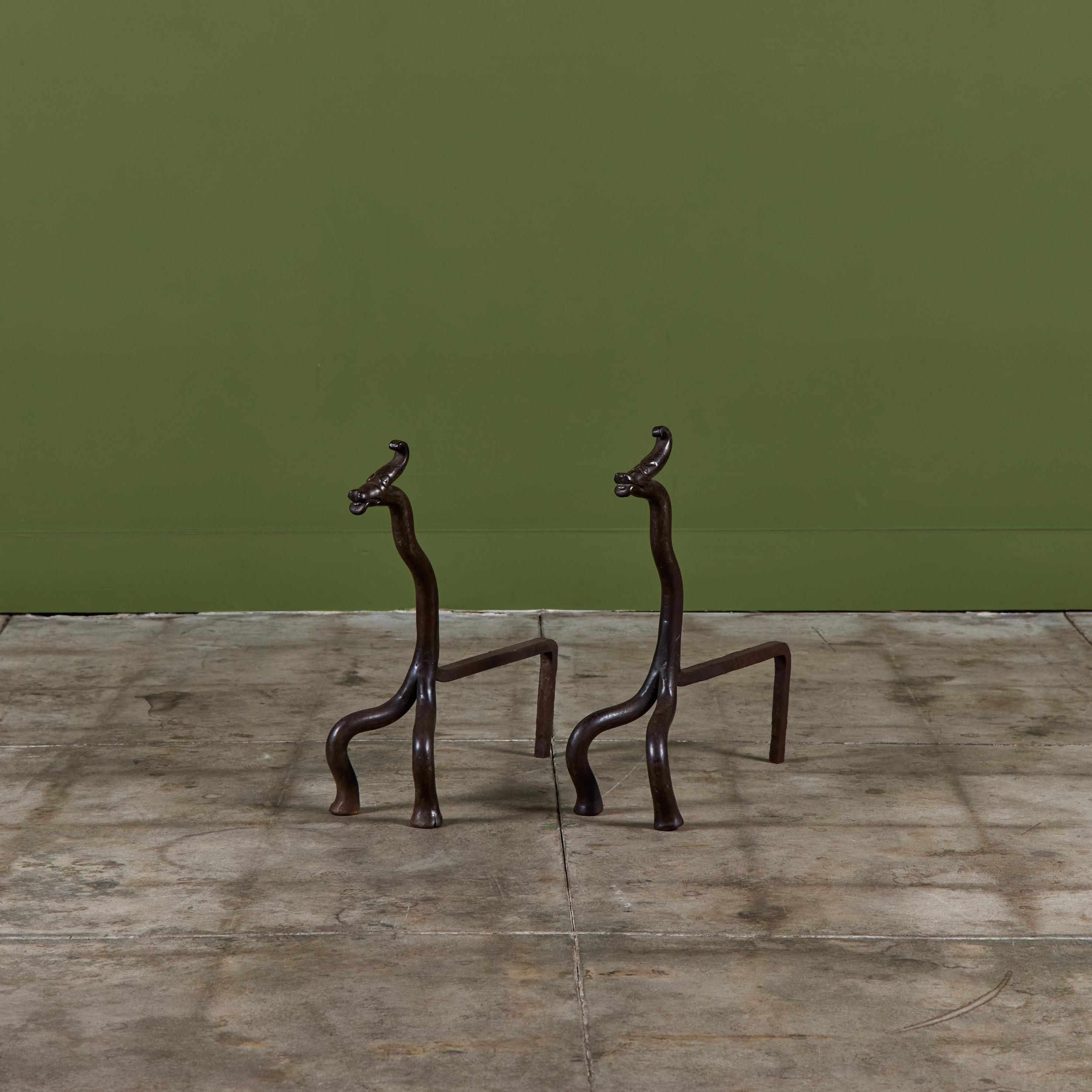 Pair of Wrought Iron Dragon Andirons For Sale 5