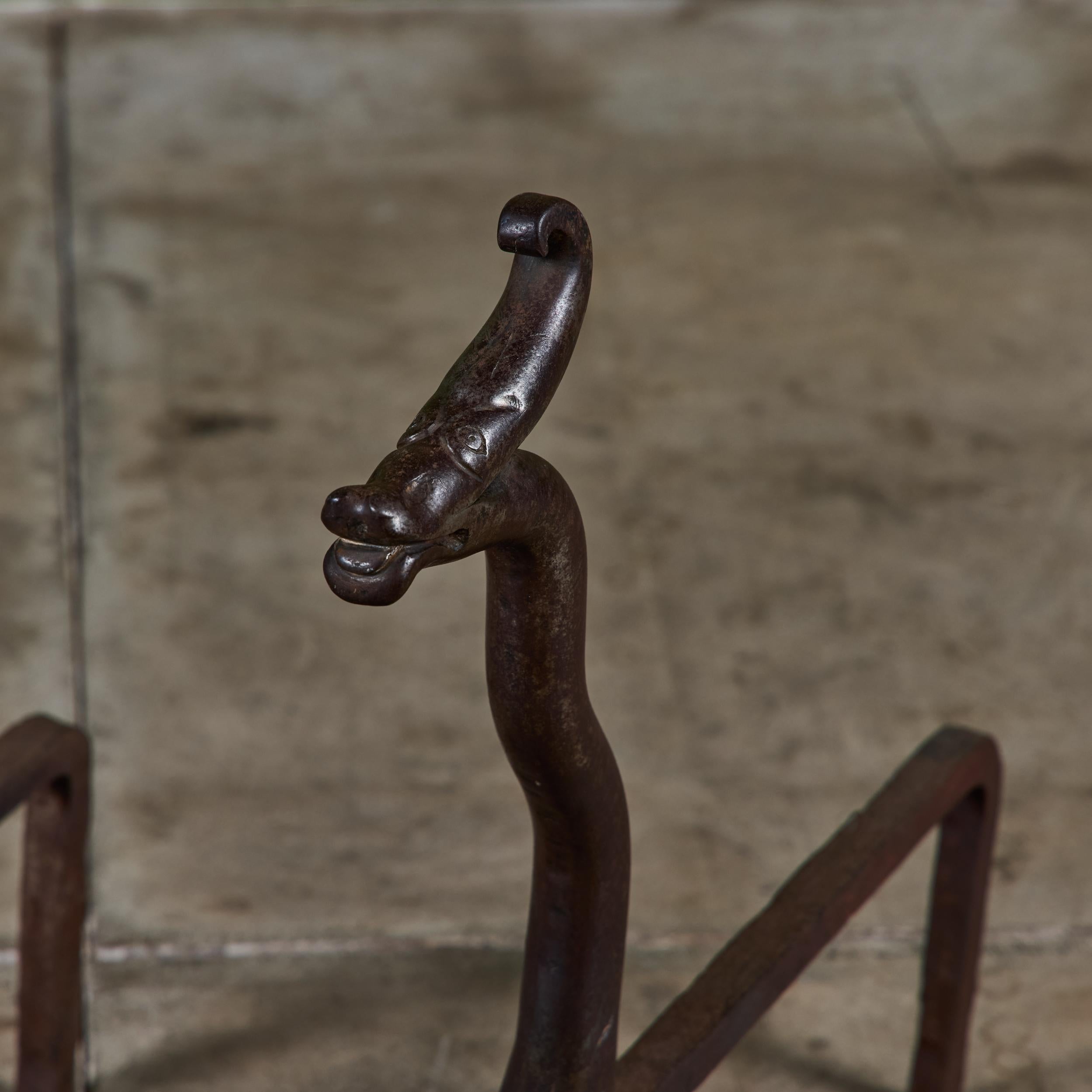 Mid-Century Modern Pair of Wrought Iron Dragon Andirons For Sale