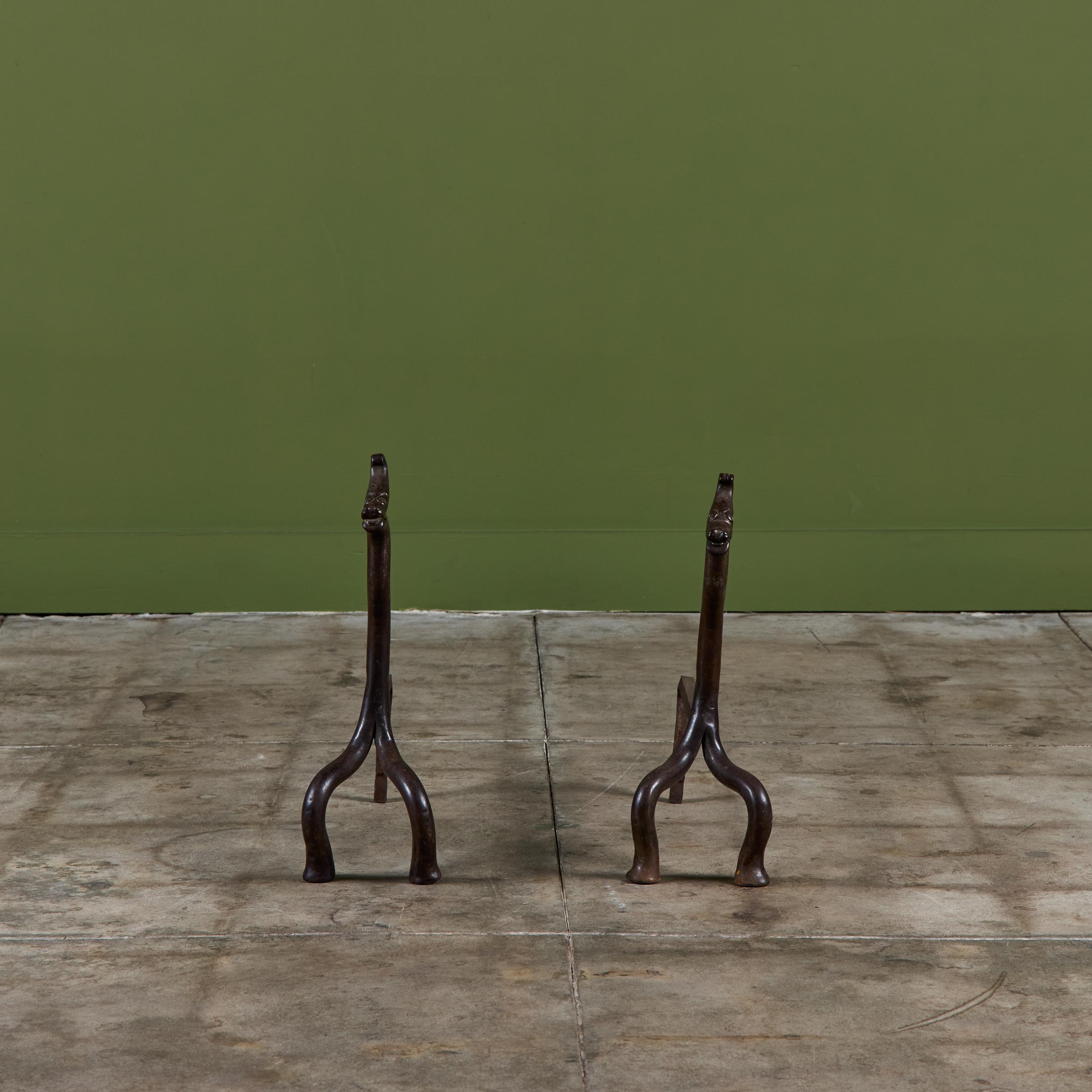 American Pair of Wrought Iron Dragon Andirons For Sale