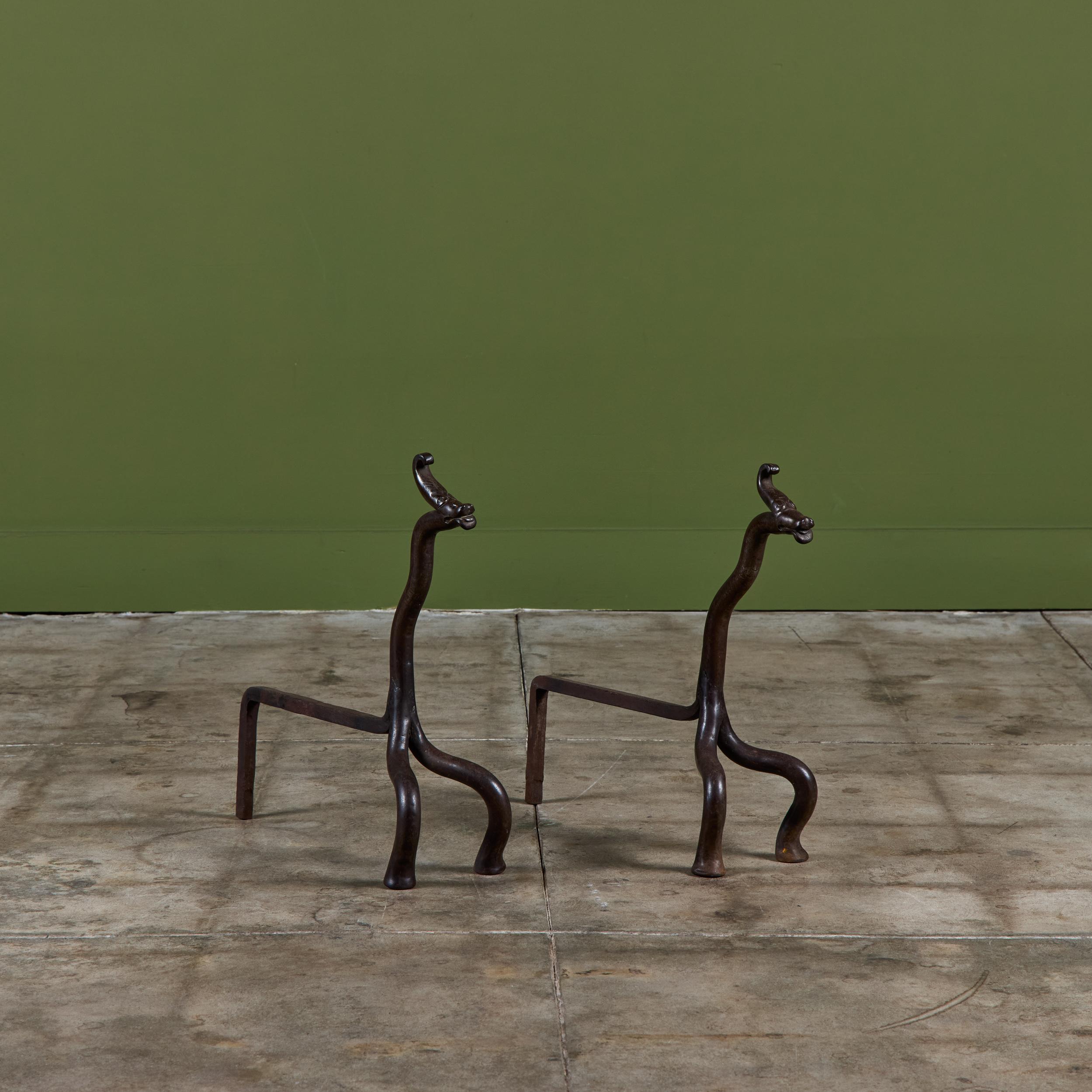 Pair of Wrought Iron Dragon Andirons In Good Condition For Sale In Los Angeles, CA
