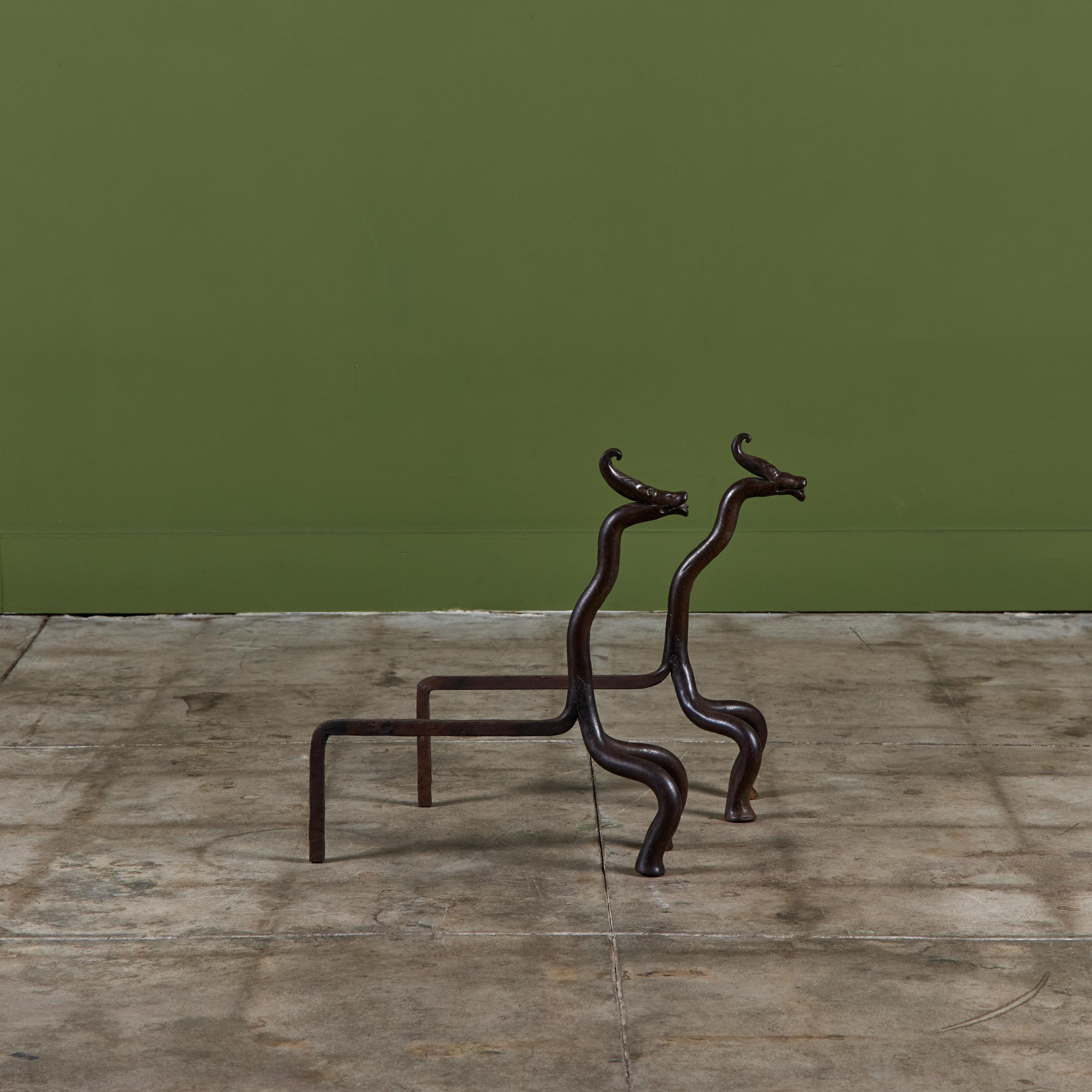 20th Century Pair of Wrought Iron Dragon Andirons For Sale