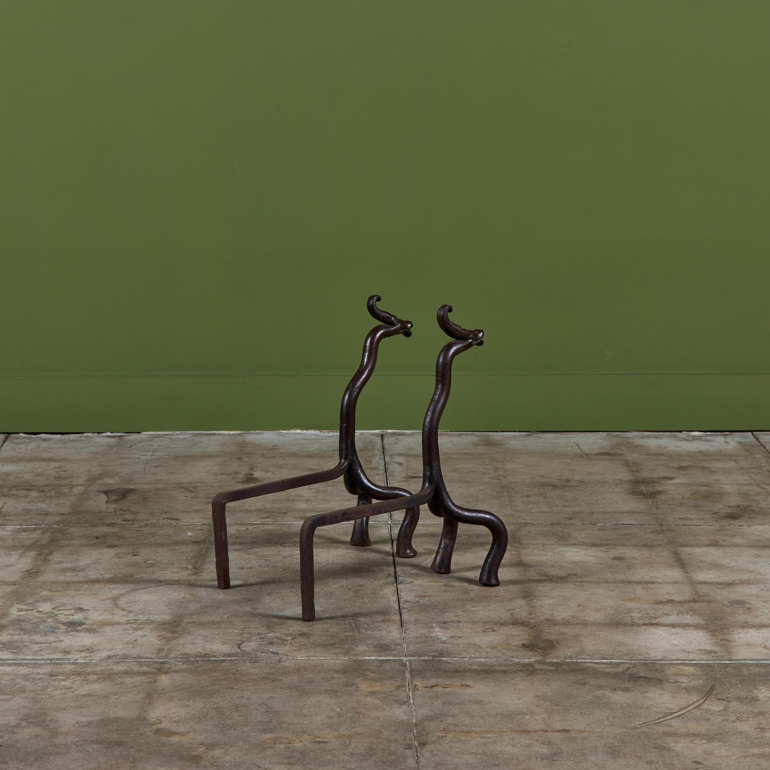 Pair of Wrought Iron Dragon Andirons For Sale 1