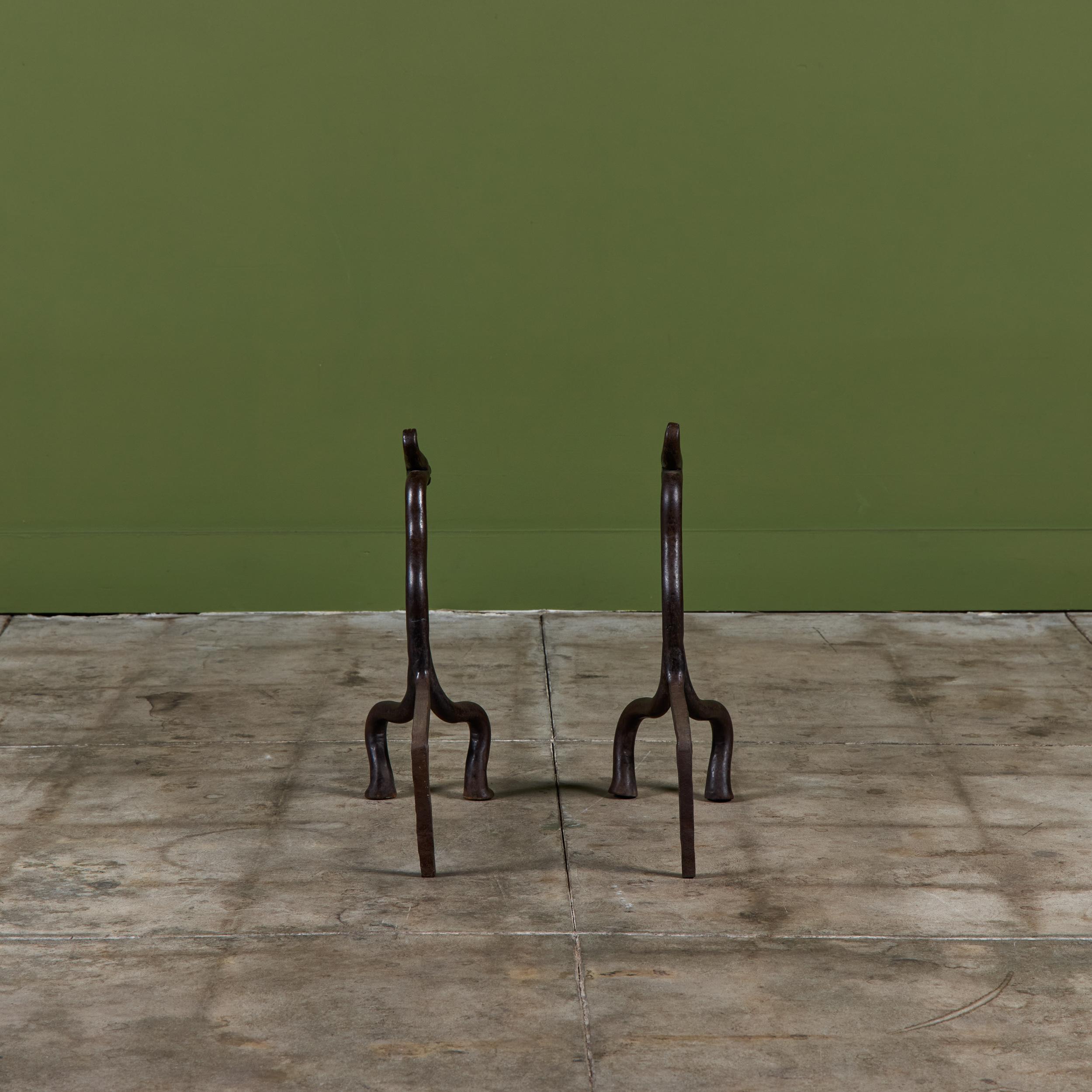 Pair of Wrought Iron Dragon Andirons For Sale 2