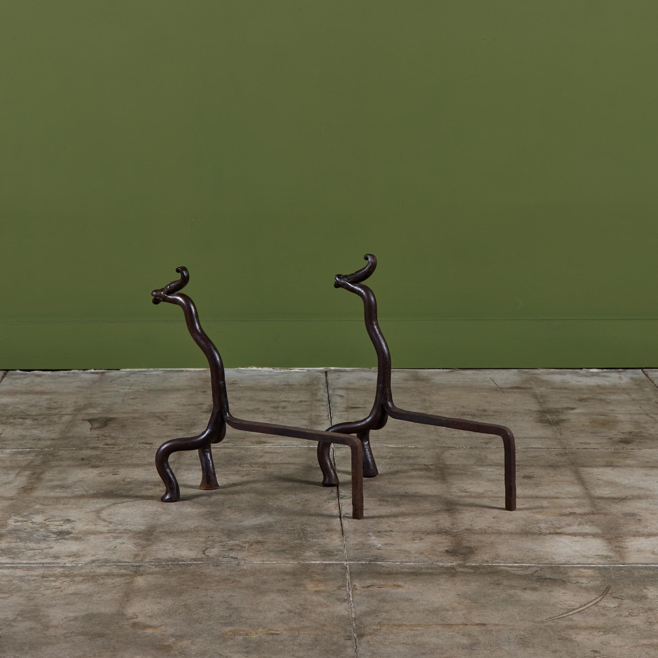 Pair of Wrought Iron Dragon Andirons For Sale 3