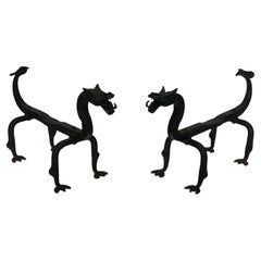 Pair of Wrought Iron Dragon Andirons
