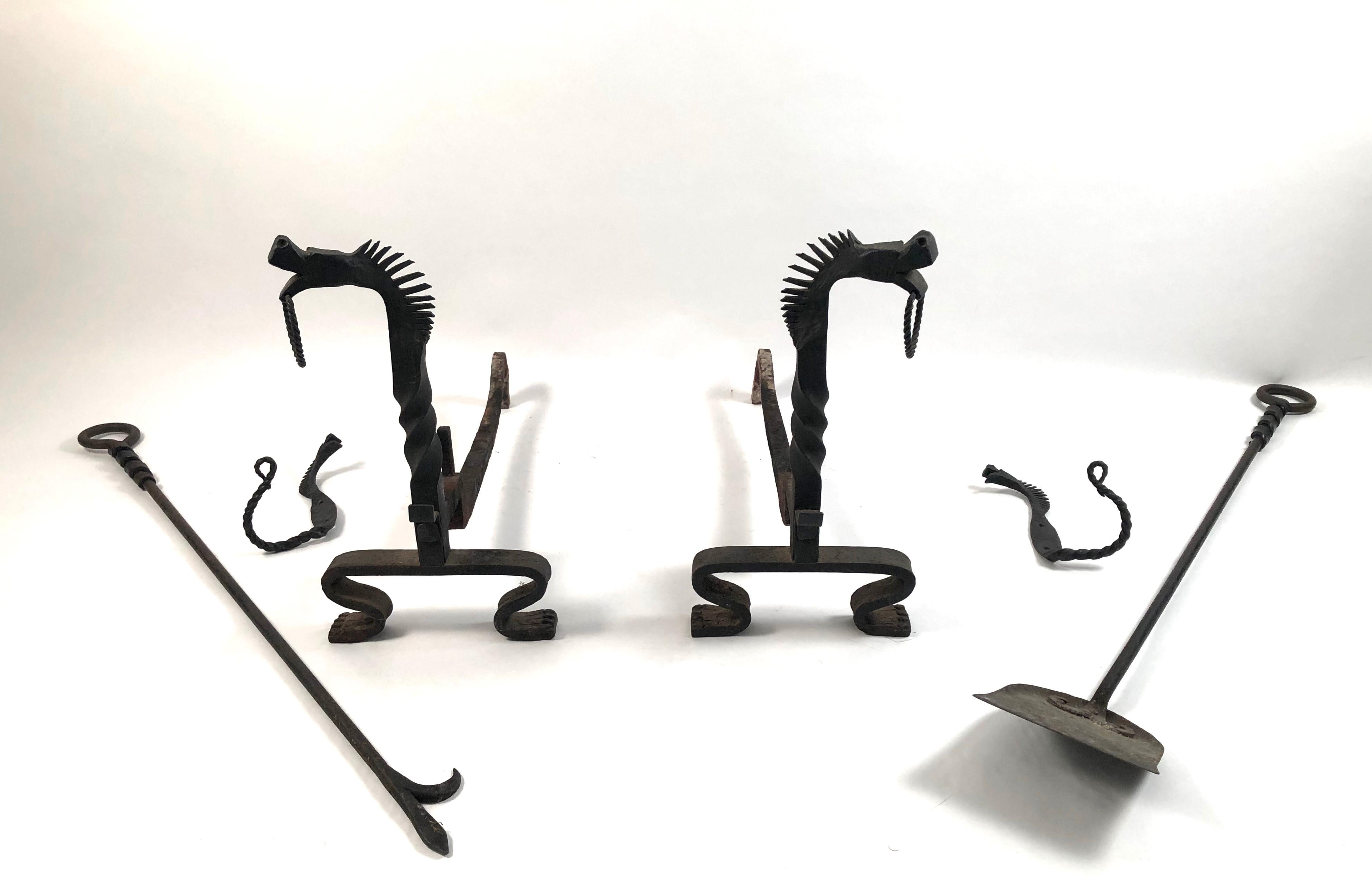 Pair of Wrought Iron Andirons with Fireplace Tools and Jamb Hooks 5