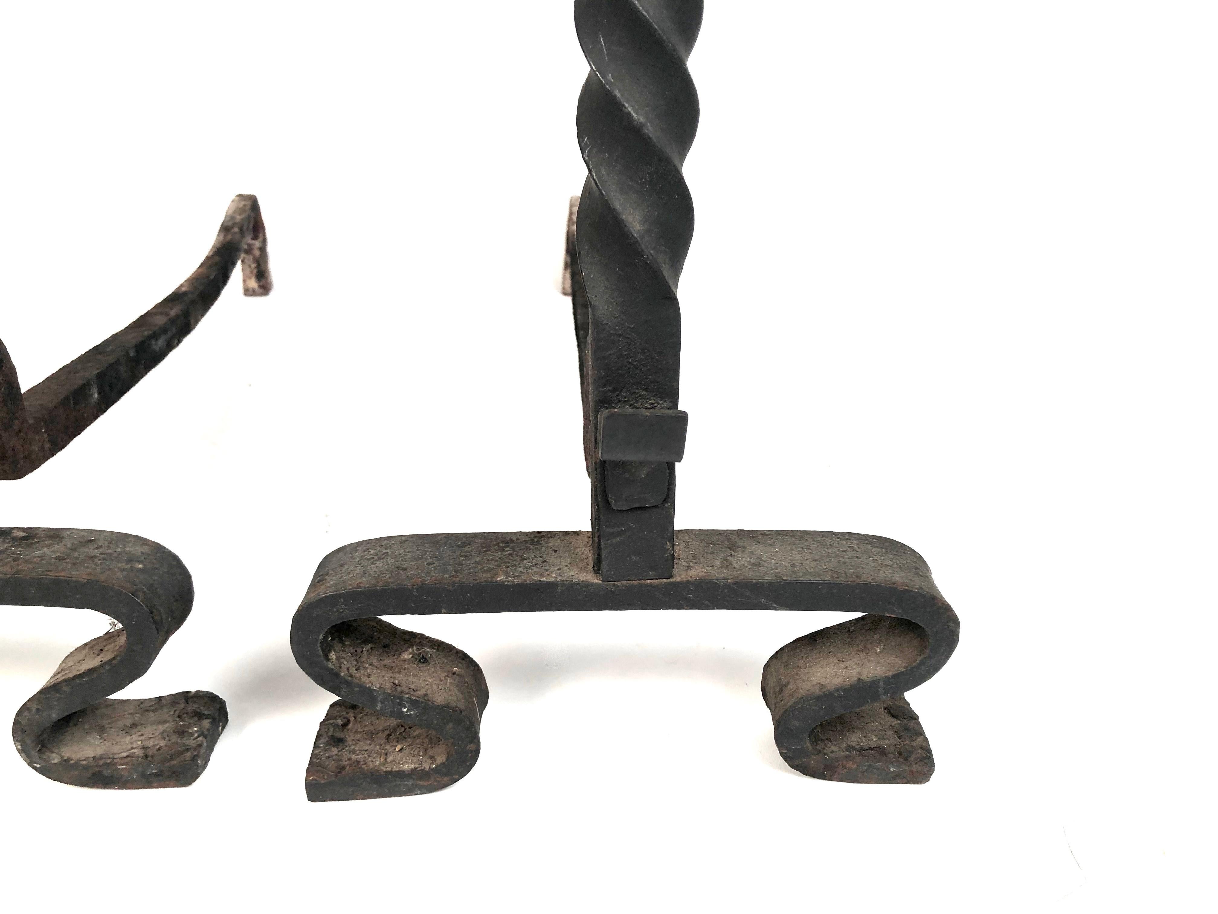 Pair of Wrought Iron Andirons with Fireplace Tools and Jamb Hooks In Good Condition In Essex, MA