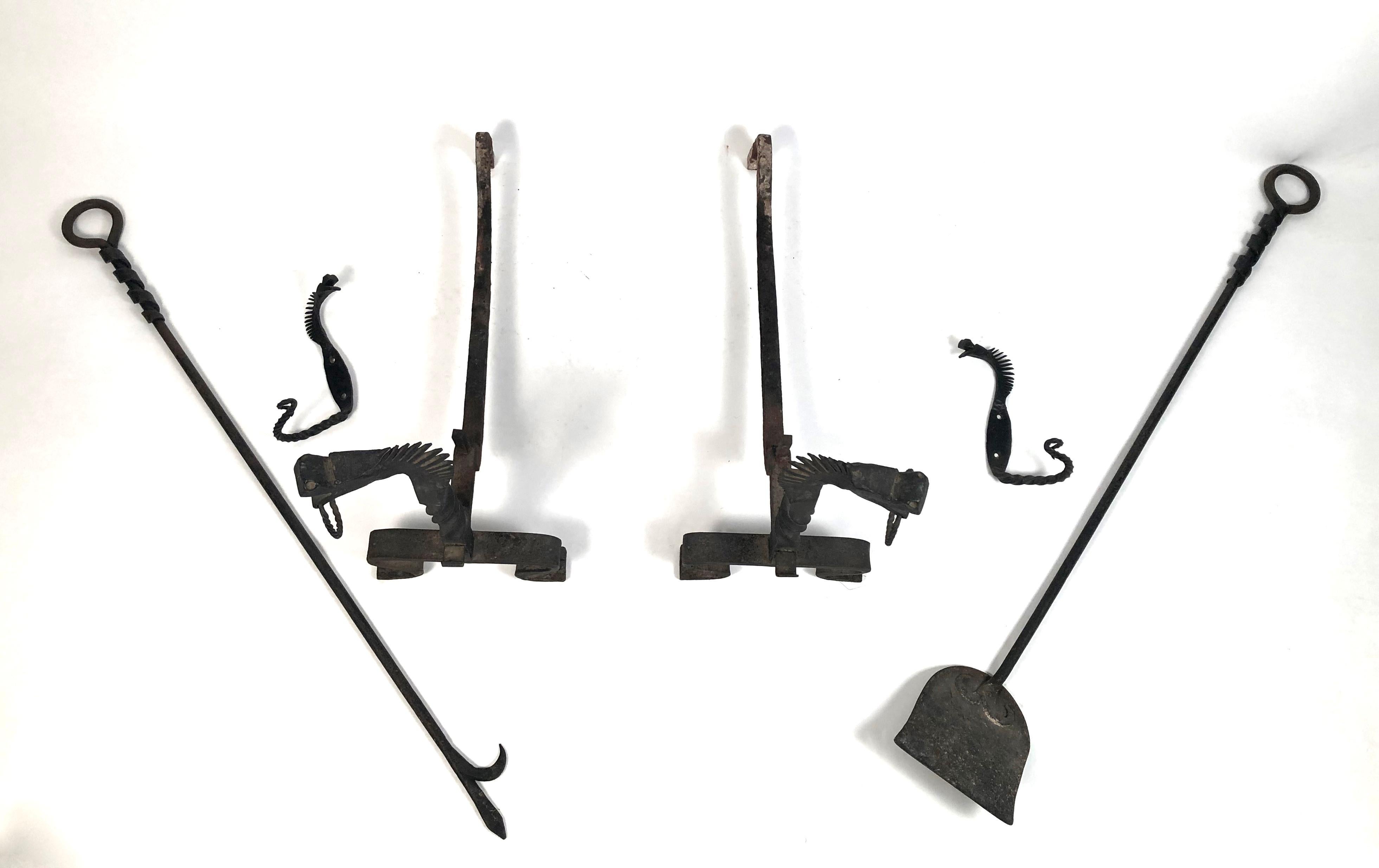 20th Century Pair of Wrought Iron Andirons with Fireplace Tools and Jamb Hooks