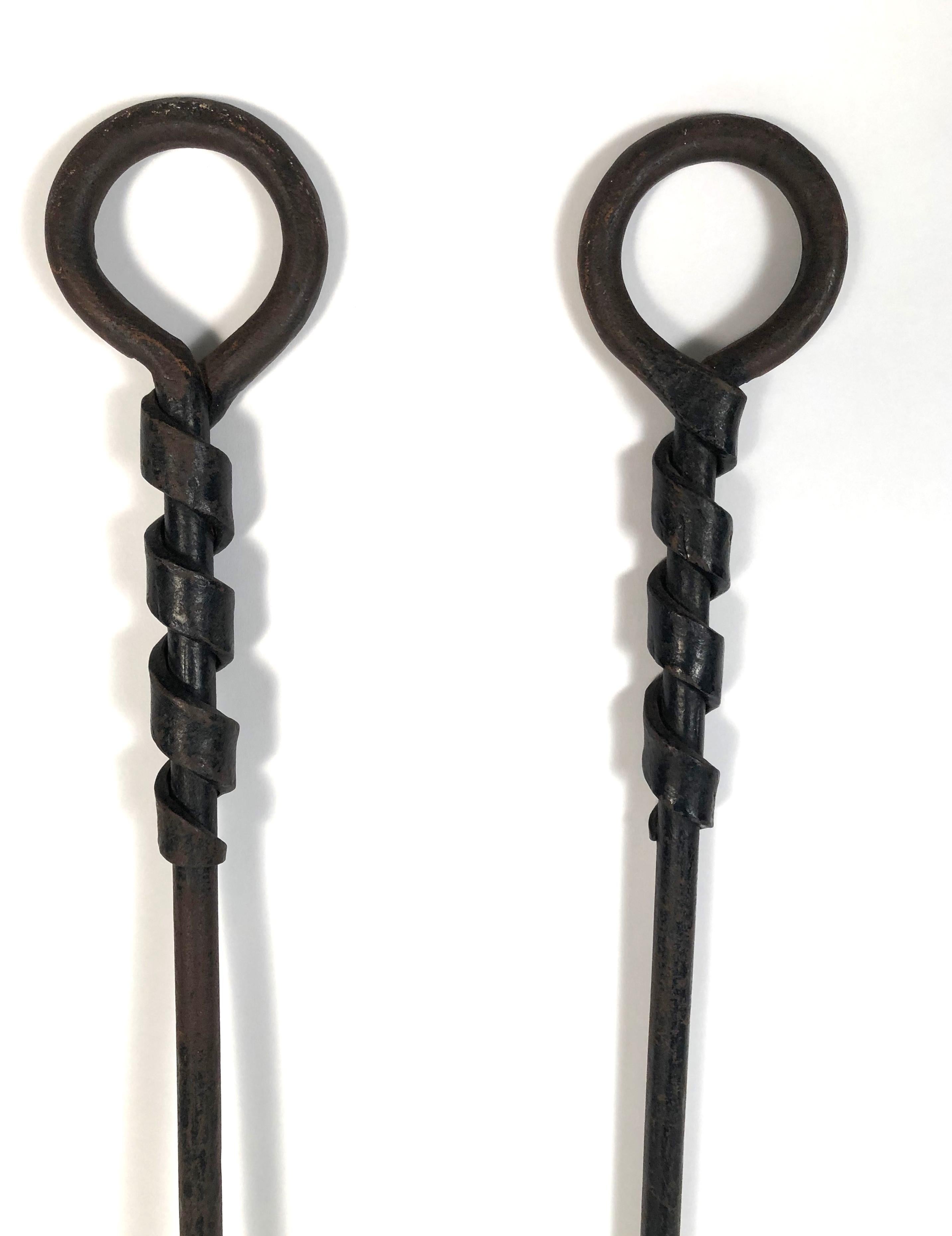 Pair of Wrought Iron Andirons with Fireplace Tools and Jamb Hooks 1