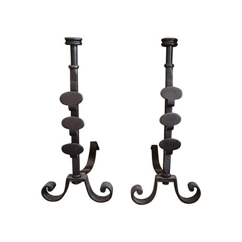 Pair of Wrought Iron English Andirons, 19th Century For Sale 1