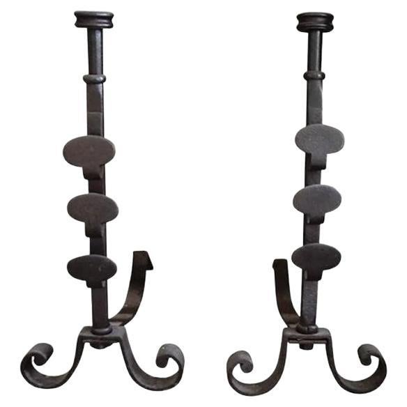 Pair of Wrought Iron English Andirons, 19th Century For Sale