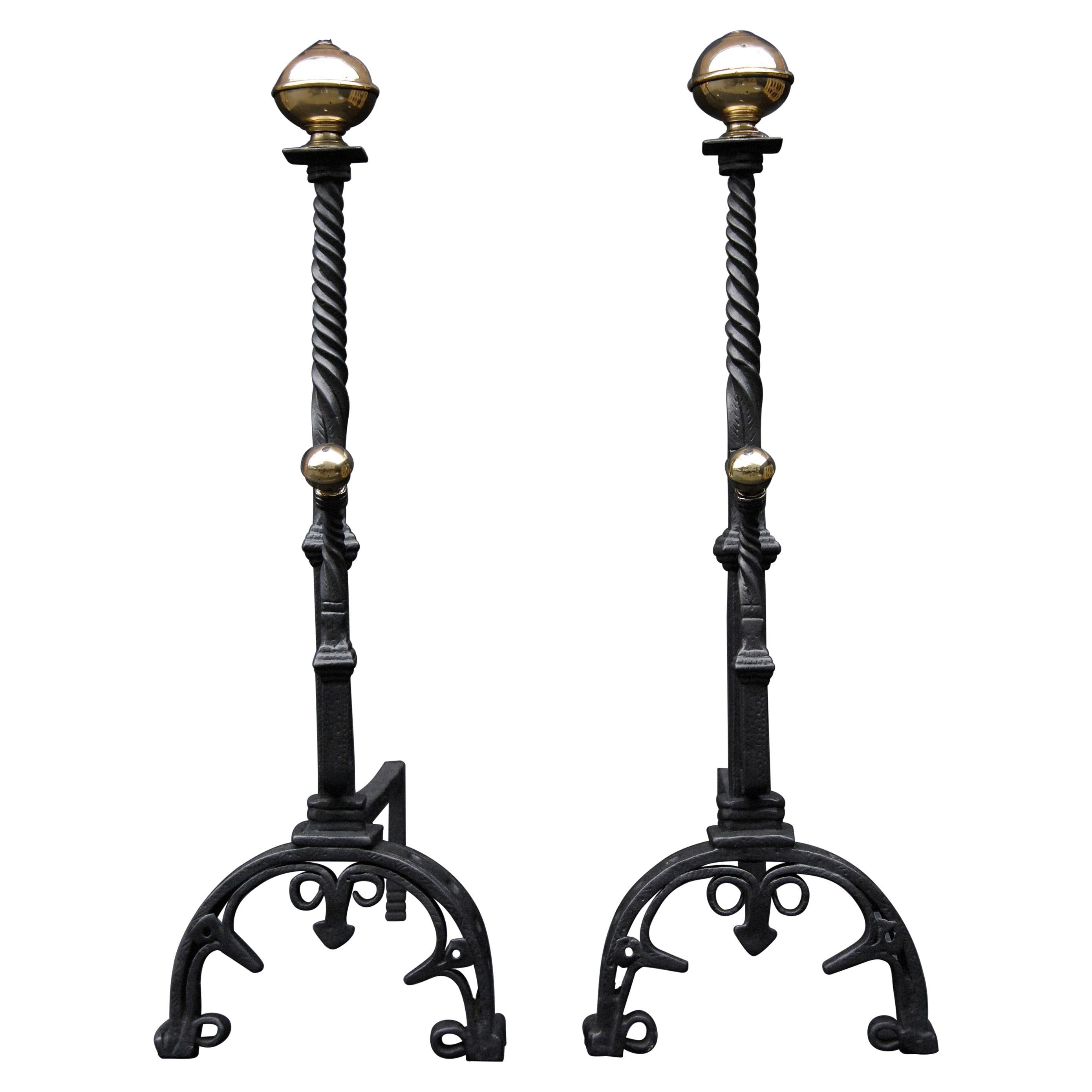 Pair of Wrought Iron Firedogs with Barley Twist Shafts For Sale