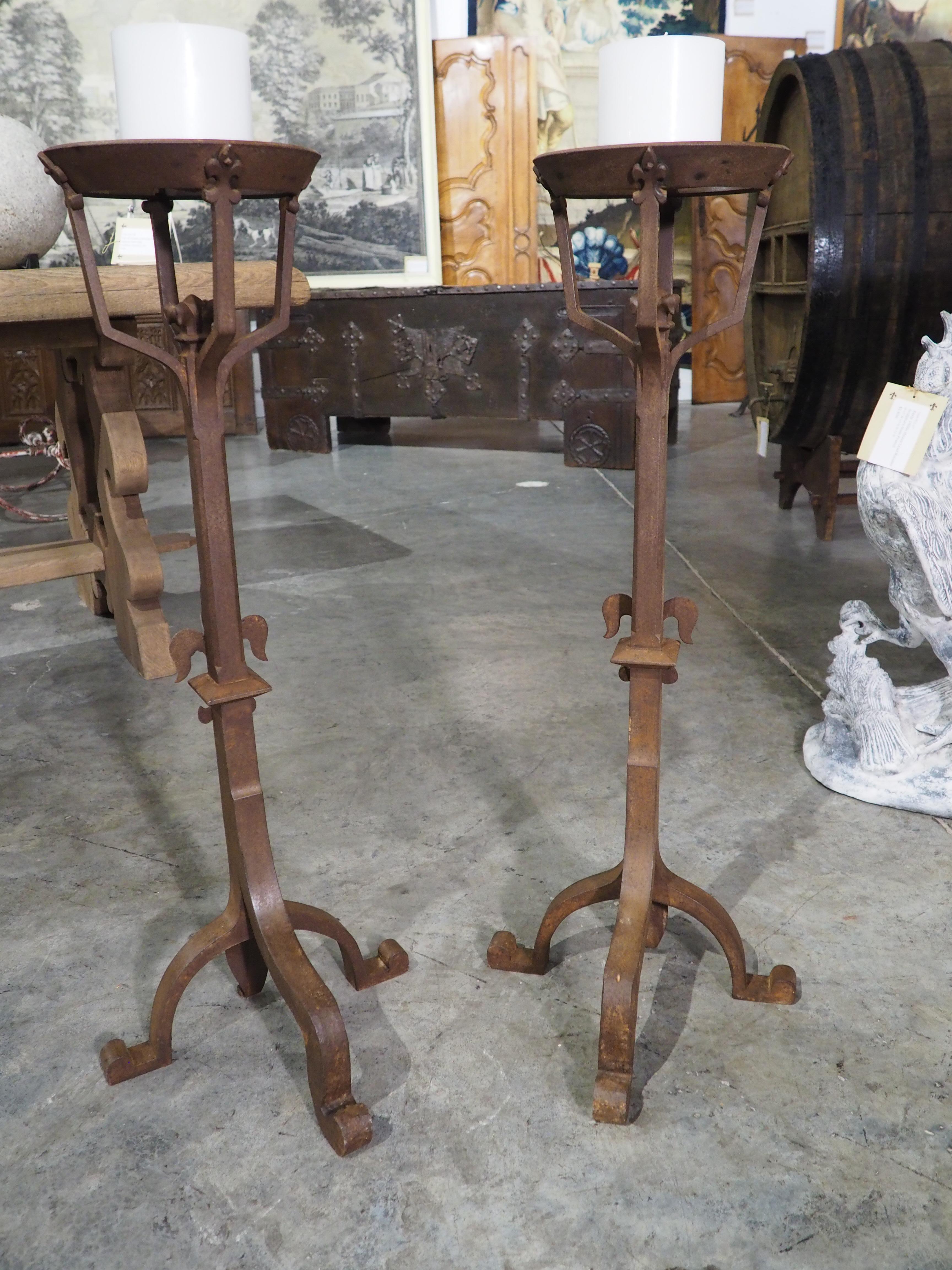 Pair of Wrought Iron Fleur De Lys Candle Holders or Andirons, France circa 1900 7