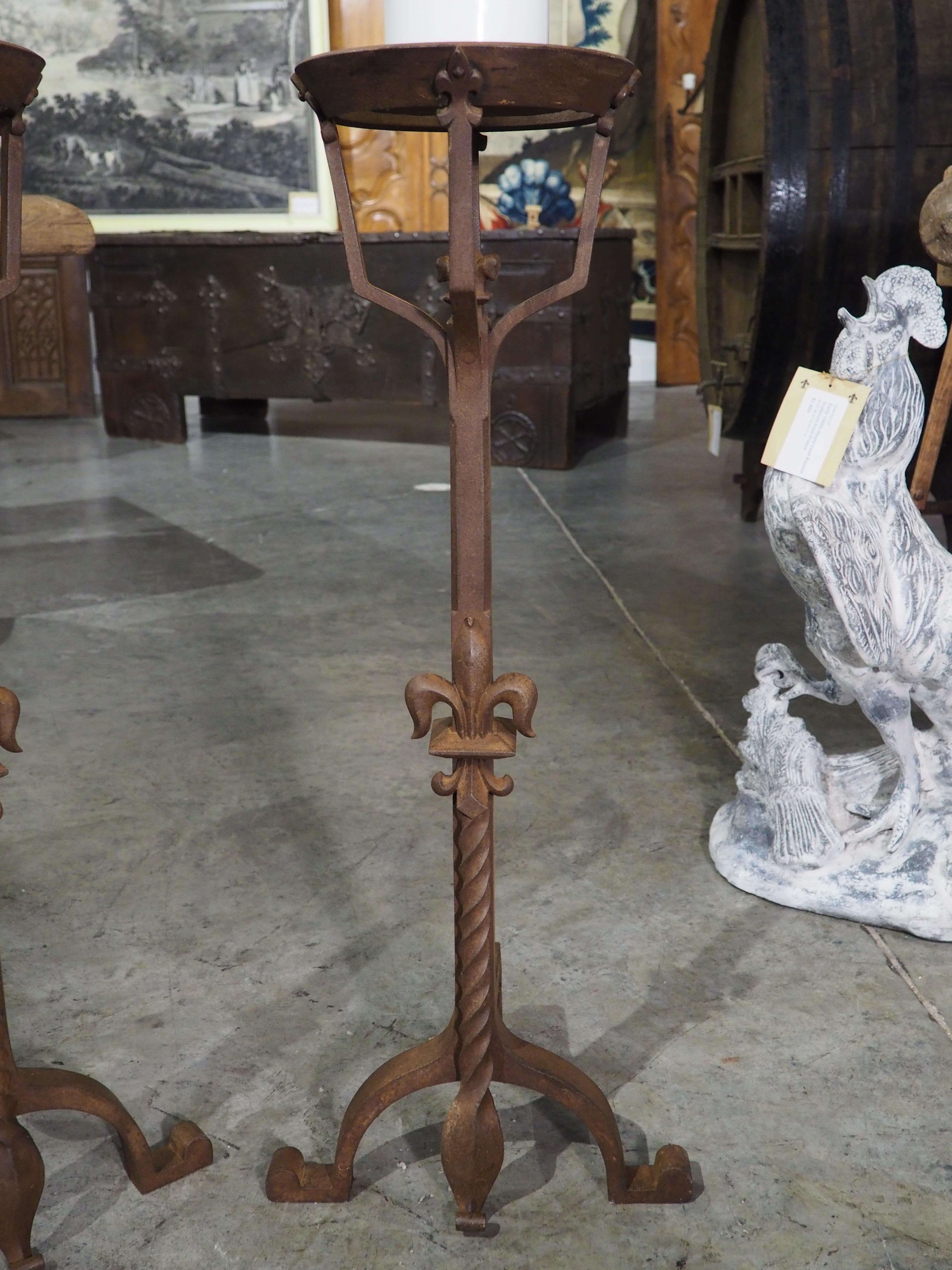Pair of Wrought Iron Fleur De Lys Candle Holders or Andirons, France circa 1900 10