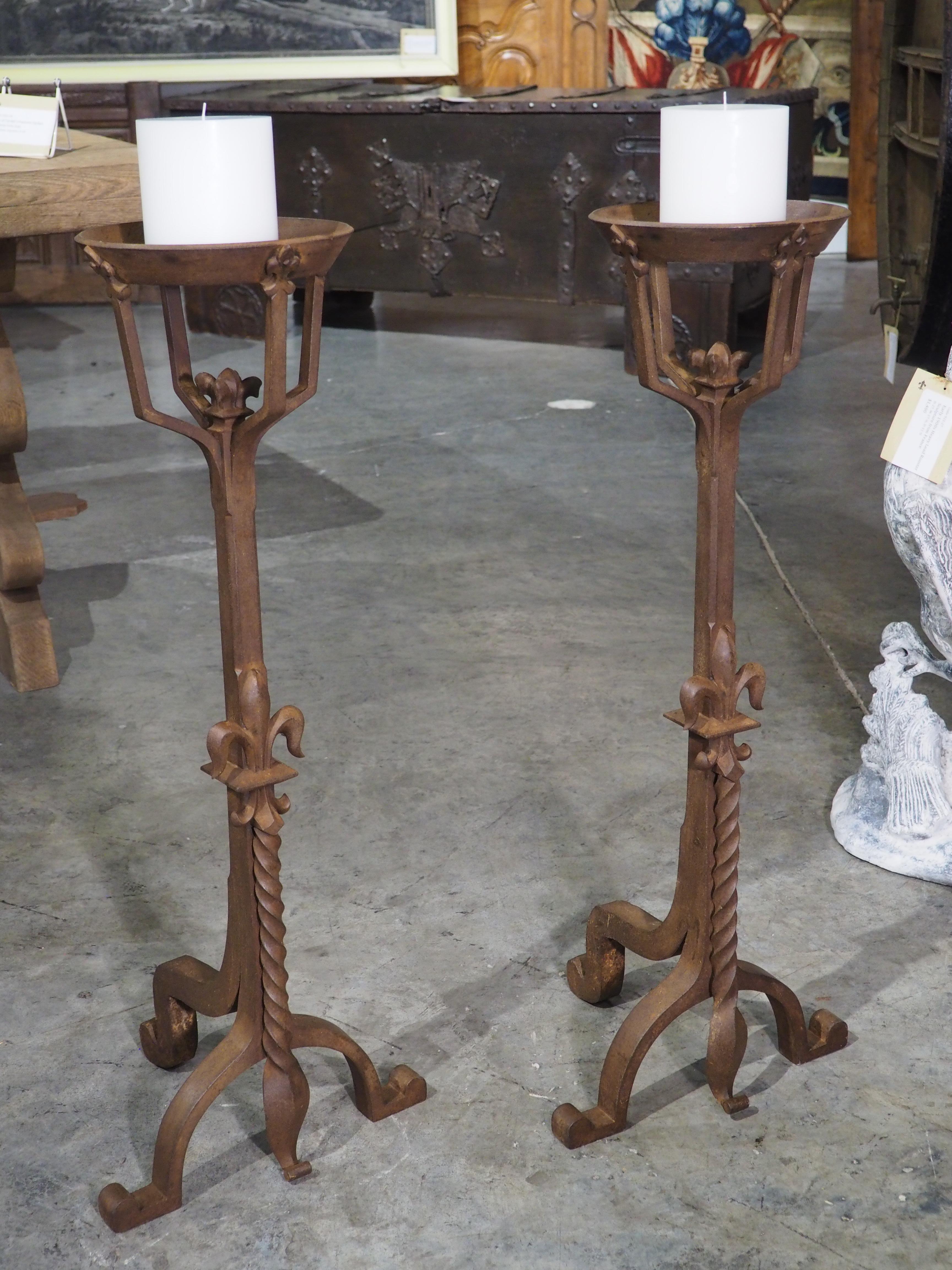 Pair of Wrought Iron Fleur De Lys Candle Holders or Andirons, France circa 1900 11