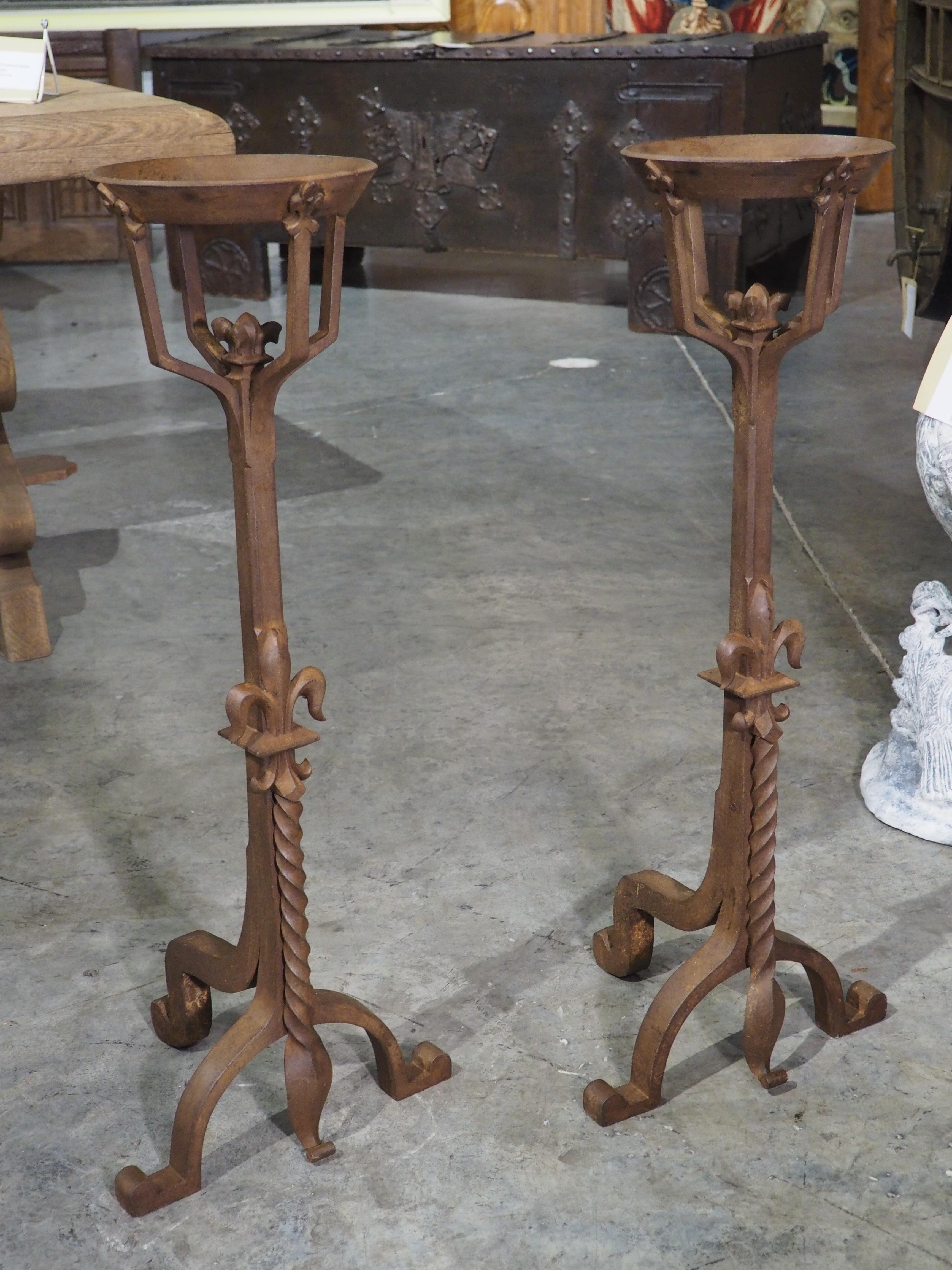 Pair of Wrought Iron Fleur De Lys Candle Holders or Andirons, France circa 1900 13