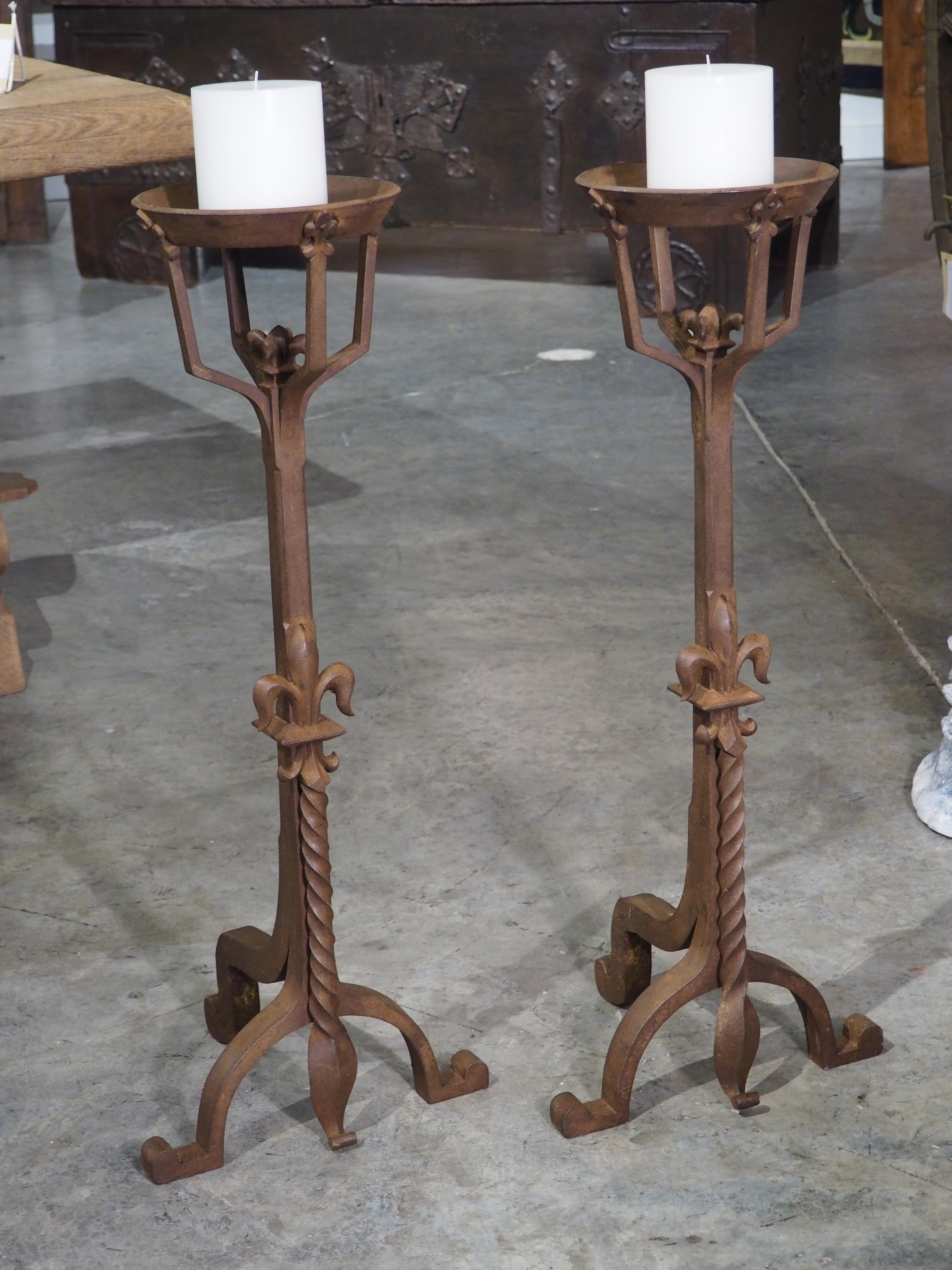 Pair of Wrought Iron Fleur De Lys Candle Holders or Andirons, France circa 1900 14