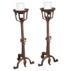 Pair of Wrought Iron Fleur De Lys Candle Holders or Andirons, France circa 1900