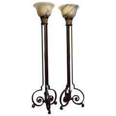Antique Pair of Wrought Iron Floor Lamps with Alabaster Vasques, circa 1930