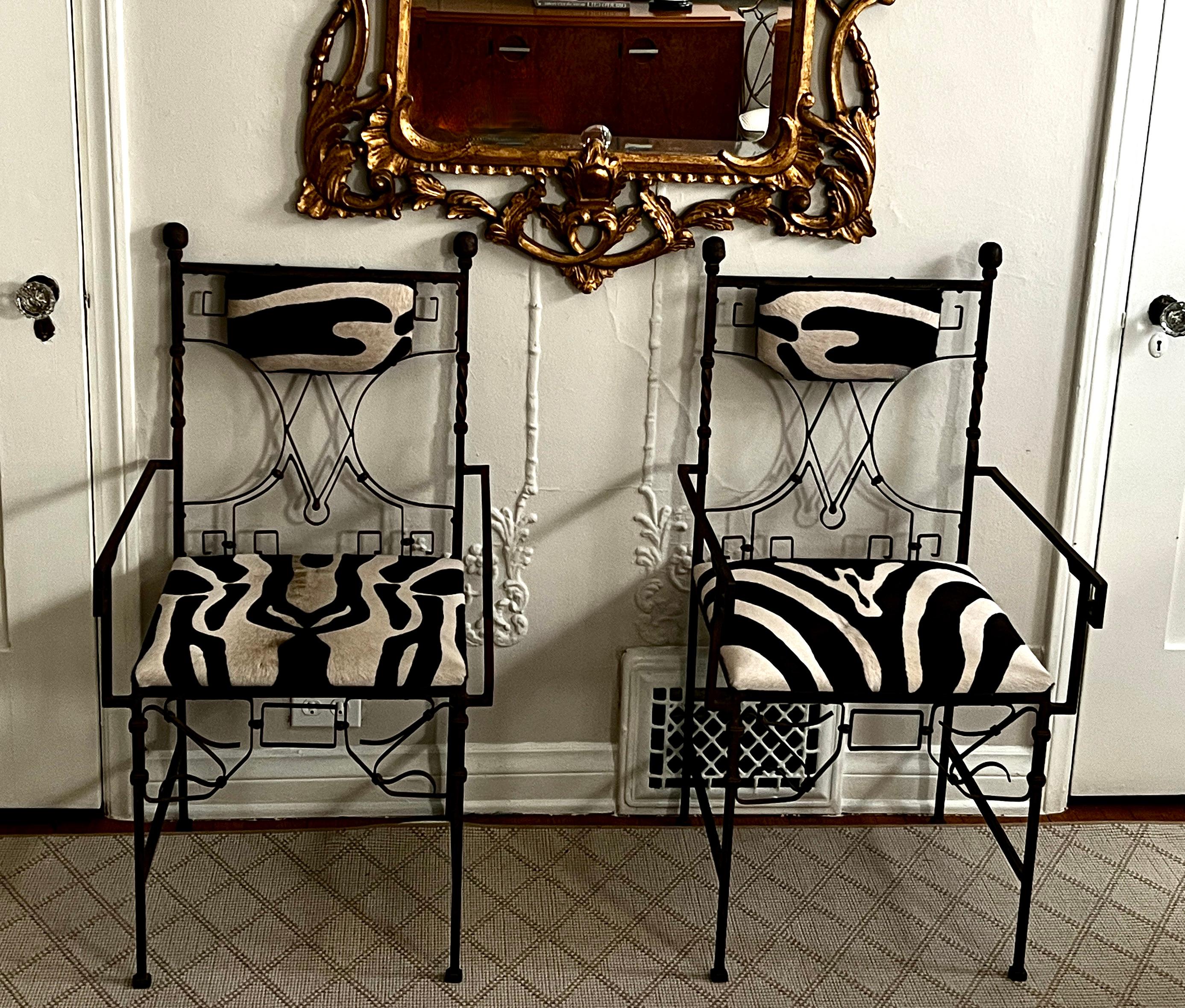 Welded Pair of Wrought Iron French Art Deco Chairs with Zebra Print For Sale