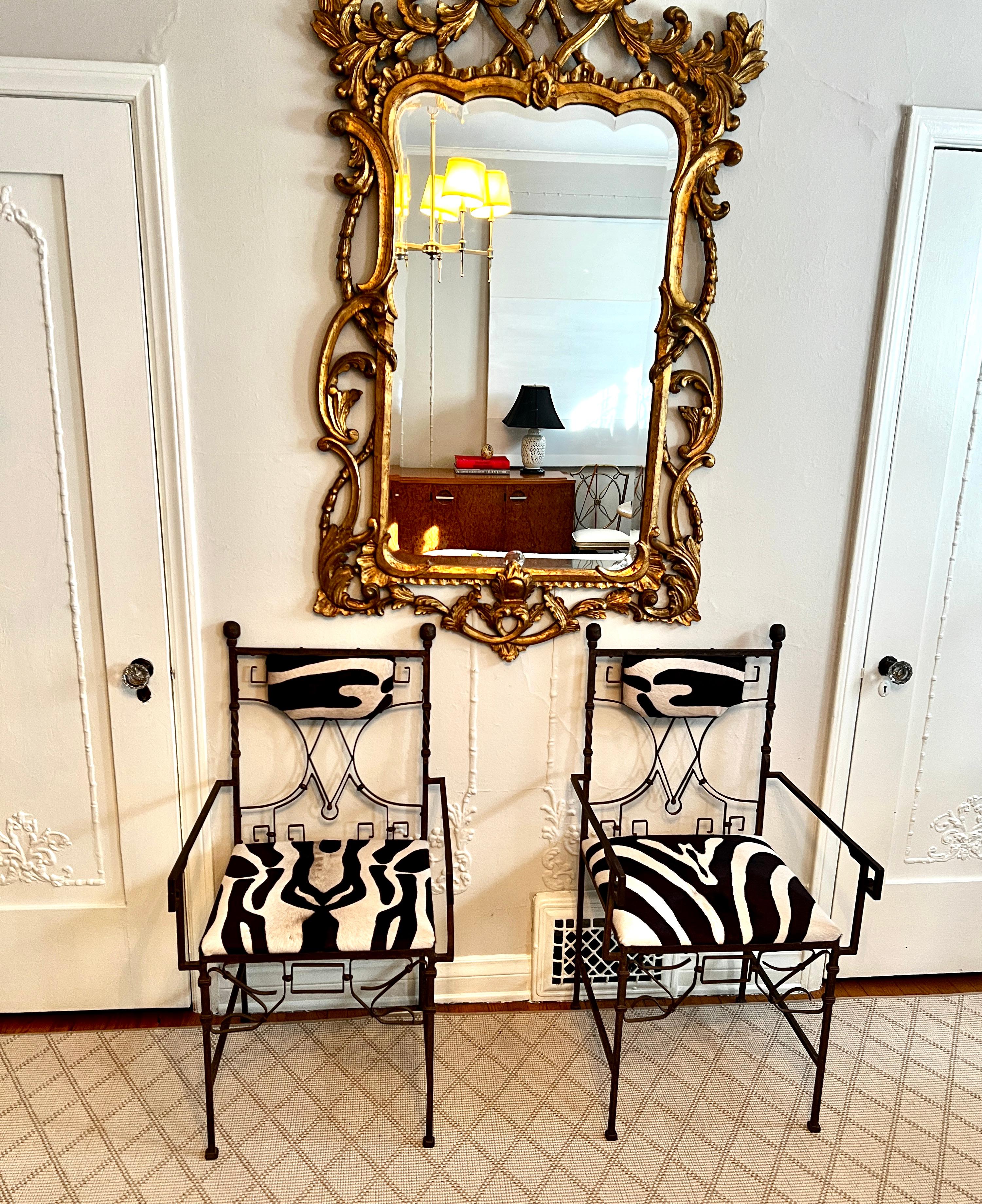 Abalone Pair of Wrought Iron French Art Deco Chairs with Zebra Print For Sale