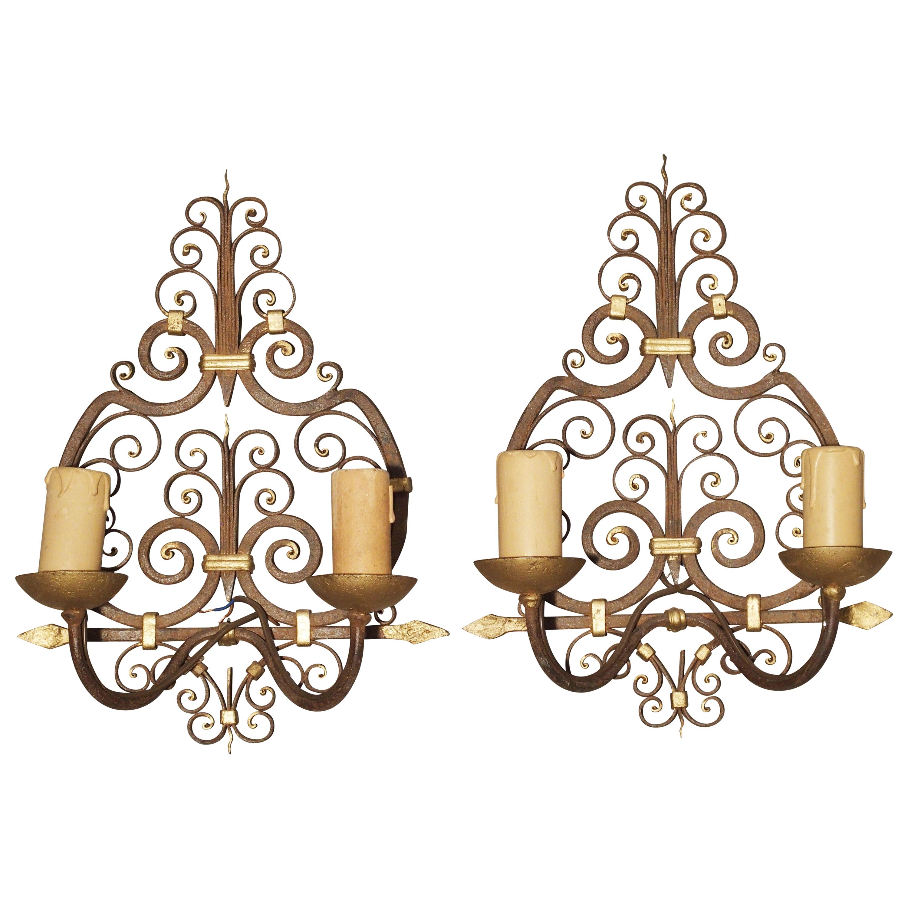 Pair of Wrought Iron French Sconces with Gilt Highlights, 1940s For Sale