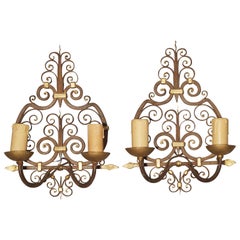 Vintage Pair of Wrought Iron French Sconces with Gilt Highlights, 1940s