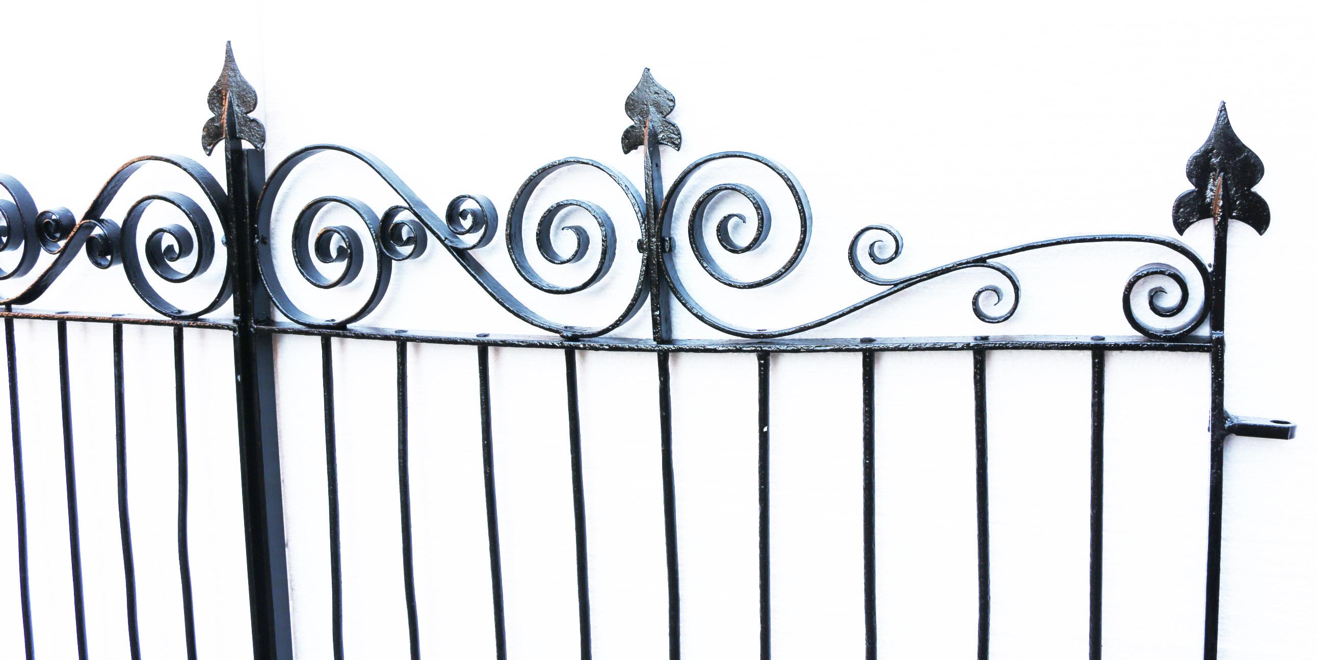 These gates come with complete hinges and working latch. They have been sand blasted, primed and painted, and are ready to be hung.
Measures: Height 153 cm
Width 164 cm (excluding hinges) to allow for hinges add 14 cm
Depth 2.5 cm
Weight 40 kg.