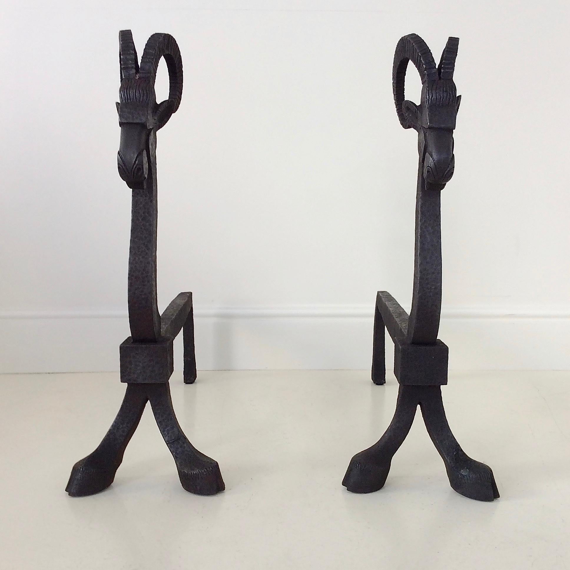 French Pair of Wrought Iron Goat Andirons.