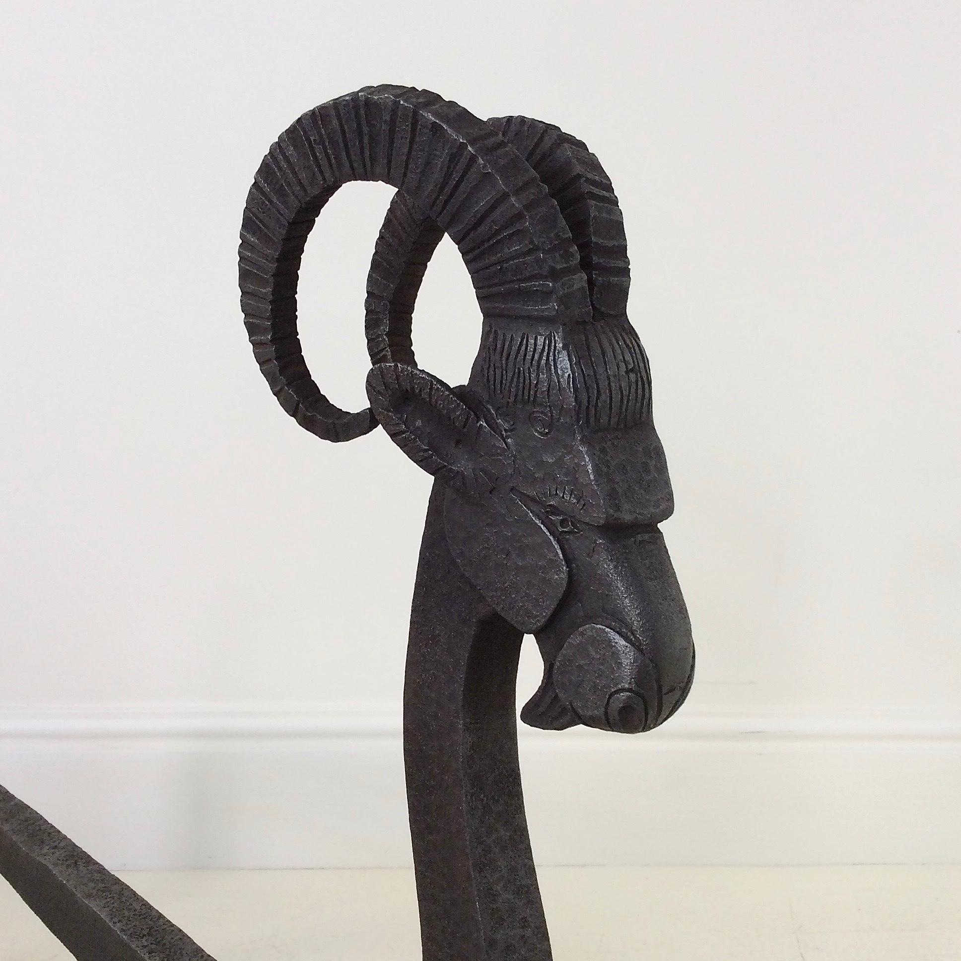 Pair of Wrought Iron Goat Andirons. In Good Condition In Brussels, BE