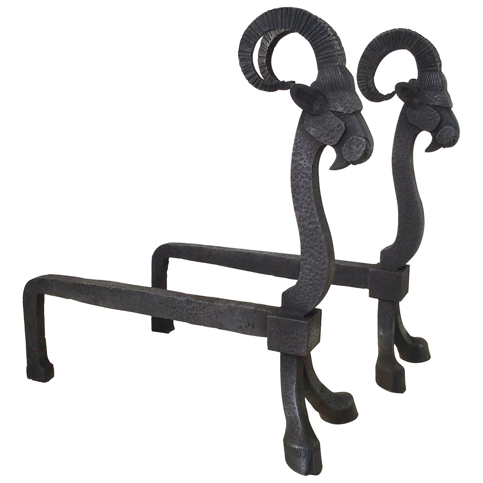 Pair of Wrought Iron Goat Andirons.