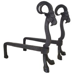 Pair of Wrought Iron Goat Andirons.