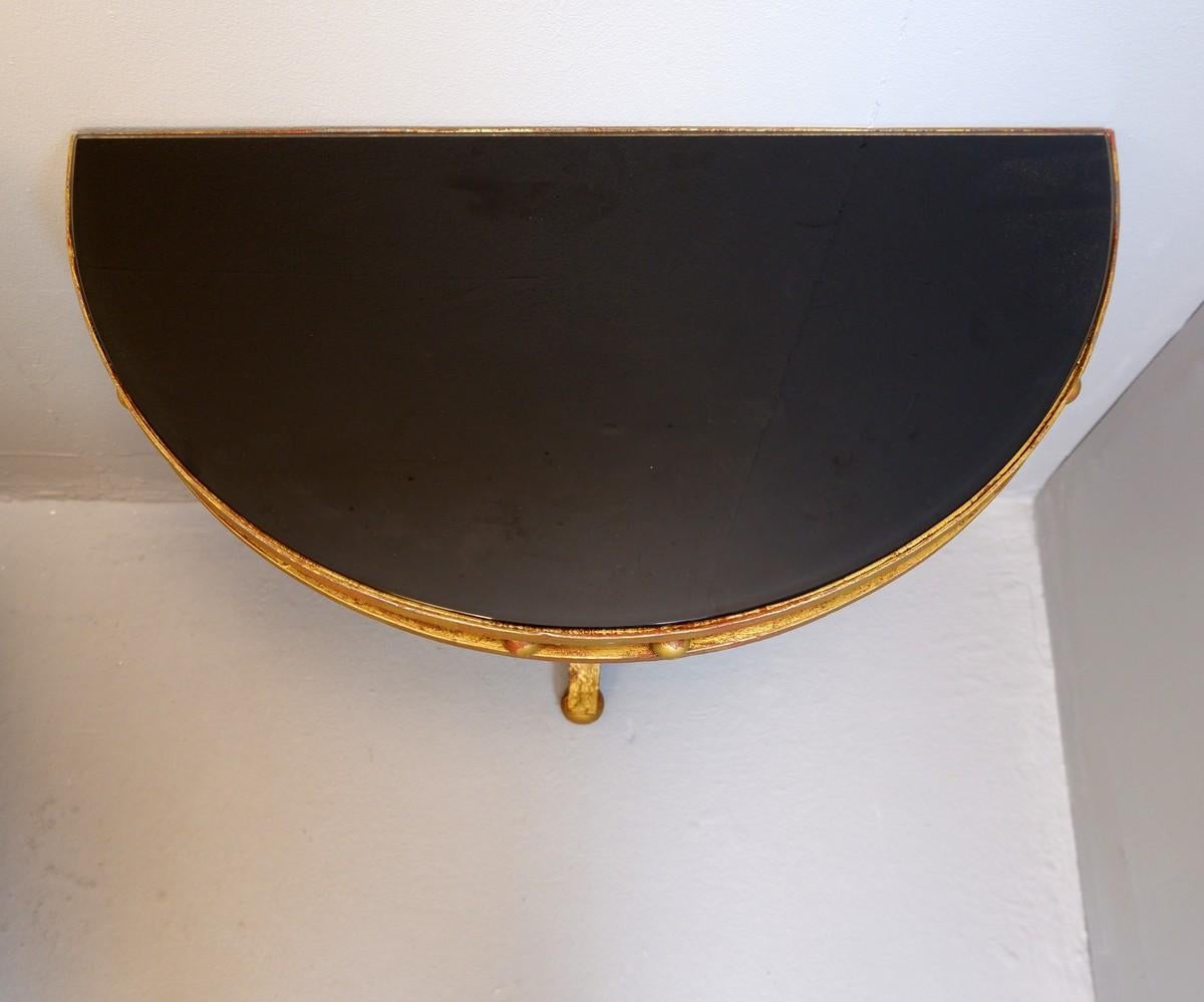 Mid-Century Modern Pair of Wrought Iron Gold and Black Glass Top Half Moon Wall Consoles