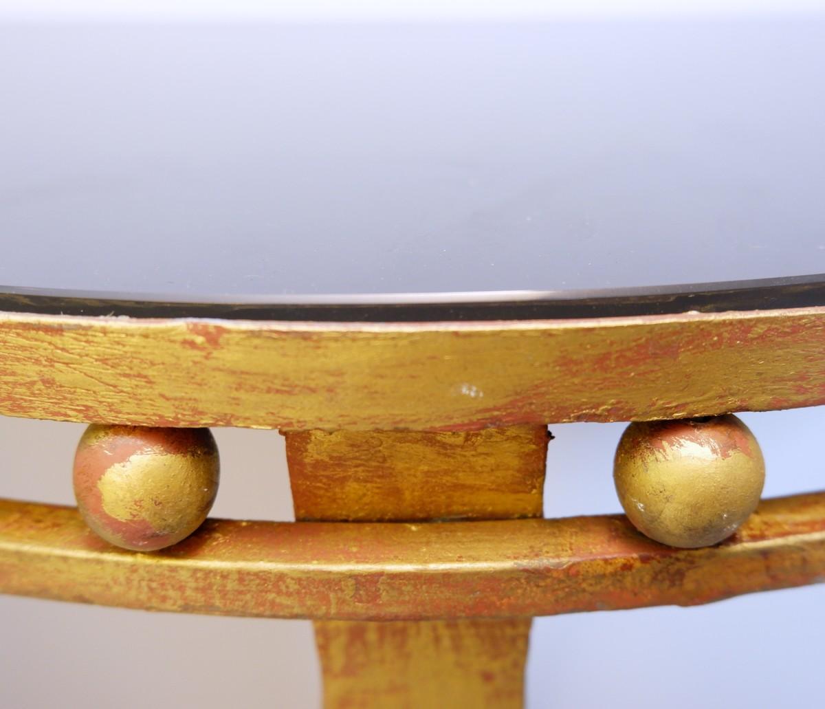 Pair of Wrought Iron Gold and Black Glass Top Half Moon Wall Consoles In Good Condition In Brussels, BE