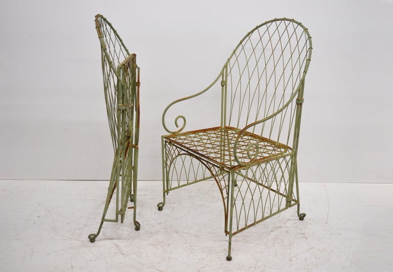 Pair of Wrought Iron Green Folding Garden Patio Chairs Victorian Style