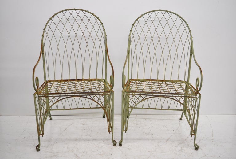 Pair of Wrought Iron Green Folding Garden Patio Chairs Victorian Style