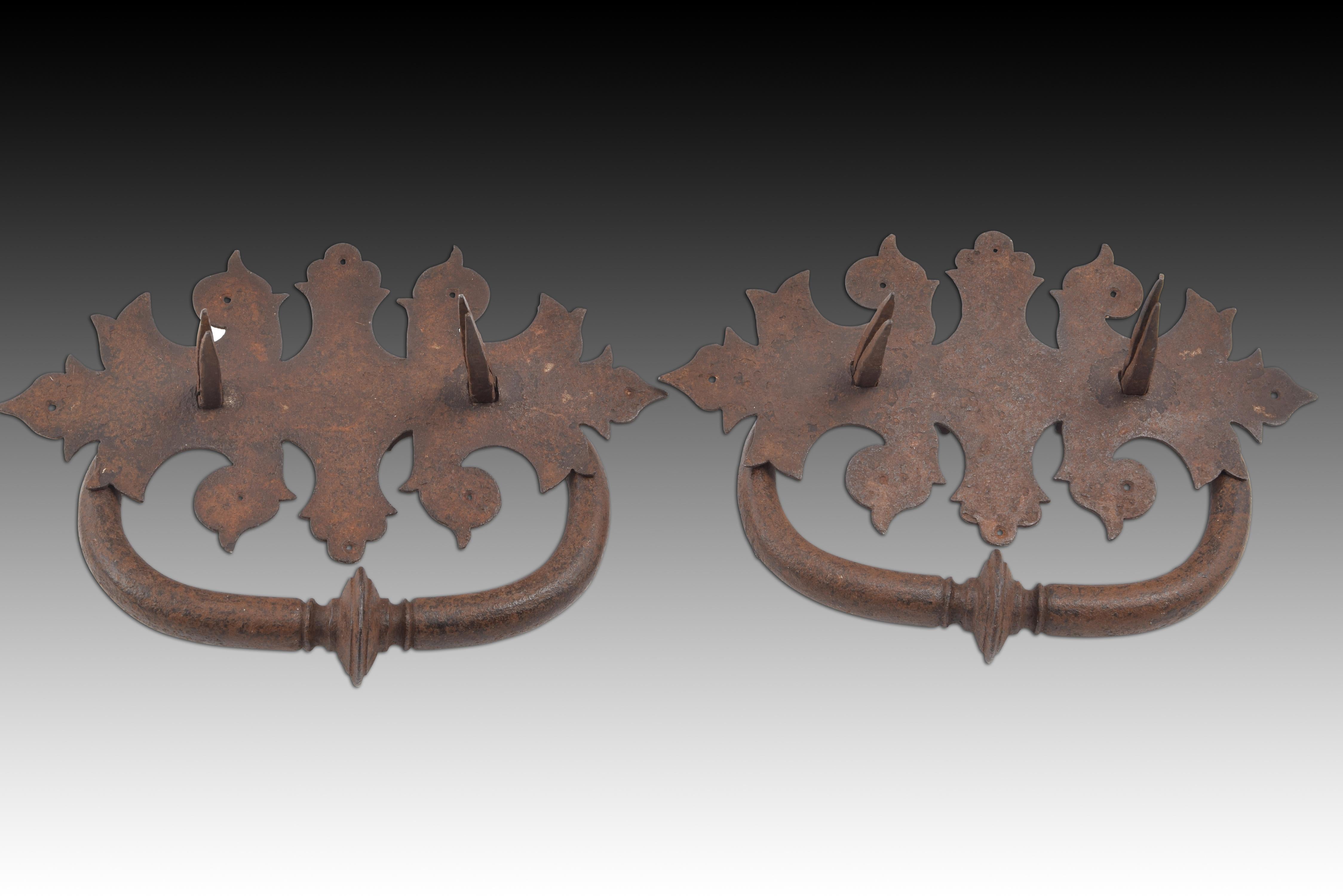 Pair of handles. wrought iron. 20th century, following old models. 
Pair of furniture handles made of wrought iron. Each one has a plate with cut profiles drawing plant elements in a symmetrical arrangement, and a handle with a disc and several