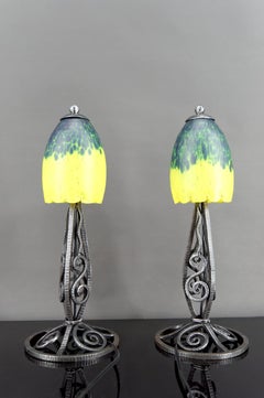 Pair of Wrought Iron Lamps & Yellow-Green Blown Glass Tulips, France, Art Deco