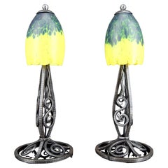 Pair of Wrought Iron Lamps & Yellow-Green Blown Glass Tulips, France, Art Deco