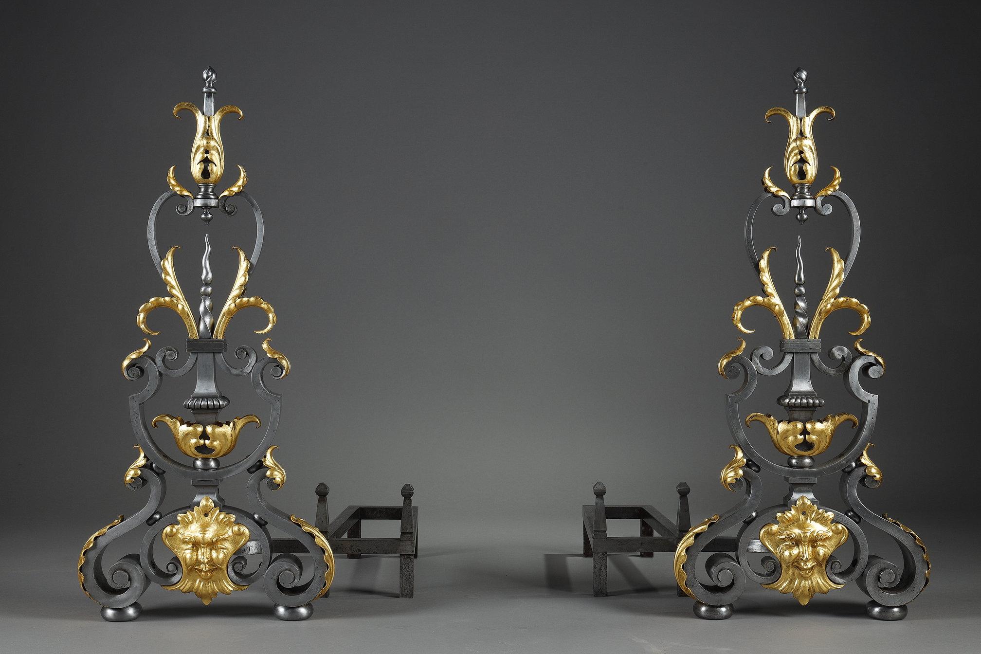 French Pair of wrought iron landiers (andirons), late 19th century For Sale