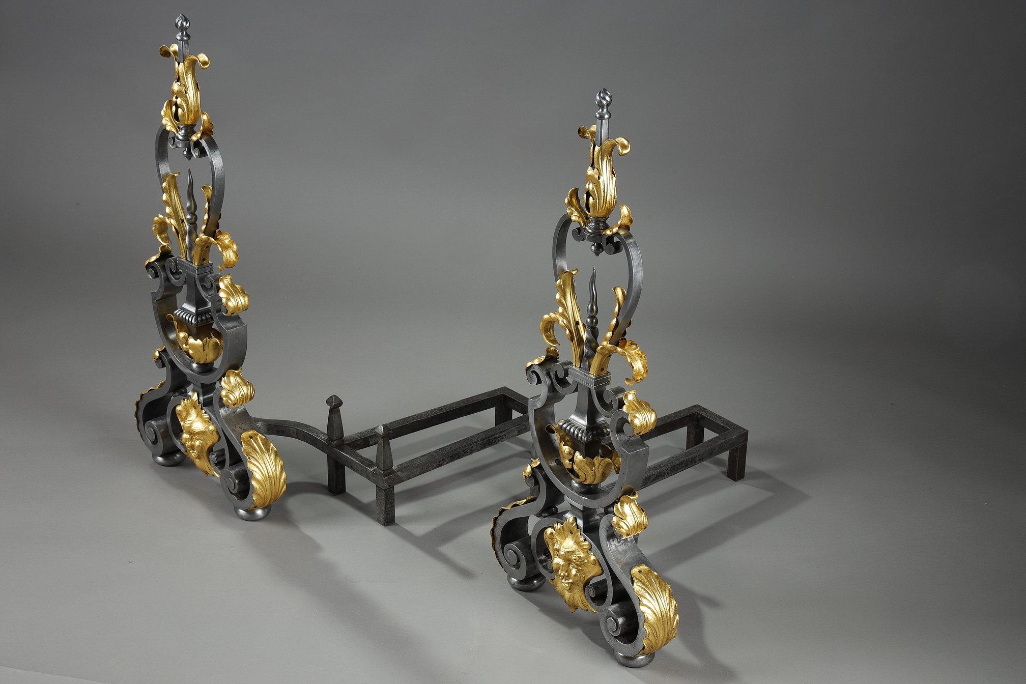 Early 20th Century Pair of wrought iron landiers (andirons), late 19th century For Sale