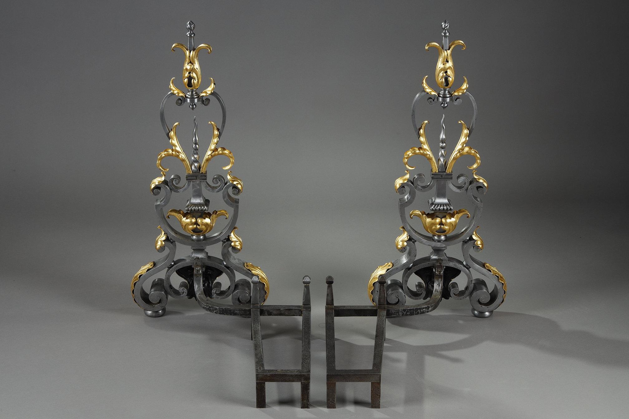 Wrought Iron Pair of wrought iron landiers (andirons), late 19th century For Sale